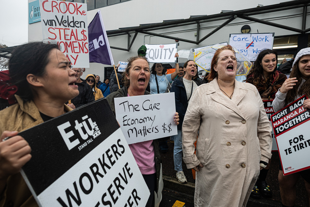 Protesters rally outside Workplace Relations Minister Brooke van Velden’s electorate office in St Johns, Auckland, opposing the rollback of pay equity legislation. Photo / Jason Dorday
