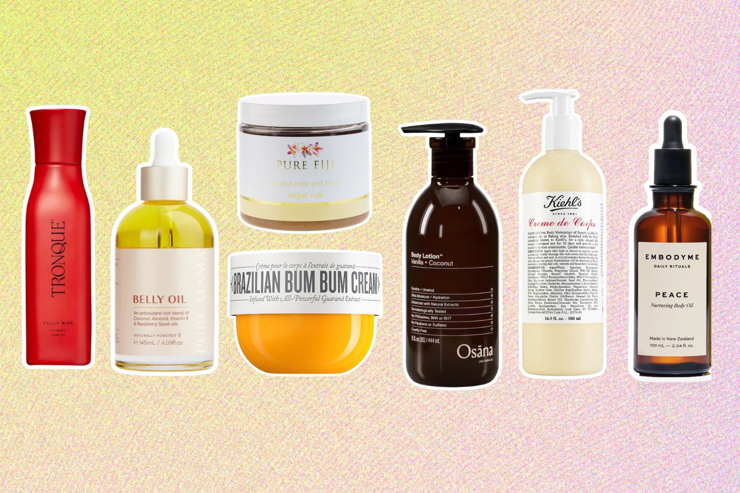 From left: Tronque Fully Ripe Vitamin C Body Oil; Pure Mama Belly and Body Oil; Pure Fiji Coconut Sugar Scrub; Sol de Janeiro Brazilian Bum Bum Cream; Osana Naturals Vanilla and Coconut Body Lotion; Kiehl’s Creme de Corps; Embodyme Nurturing Body Oil.