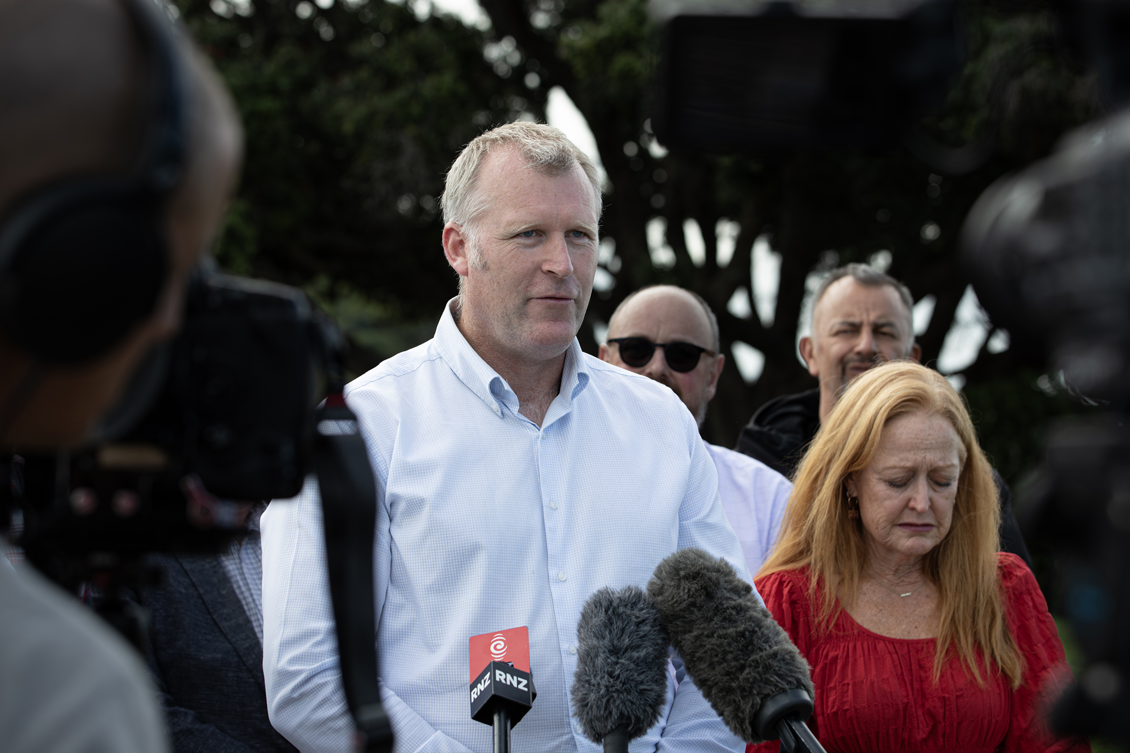 Tauranga Mayor Mahé Drysdale next to deputy mayor Jen Scoular at one of the media stand-ups after the slip. Photo / Hayden Woodward.