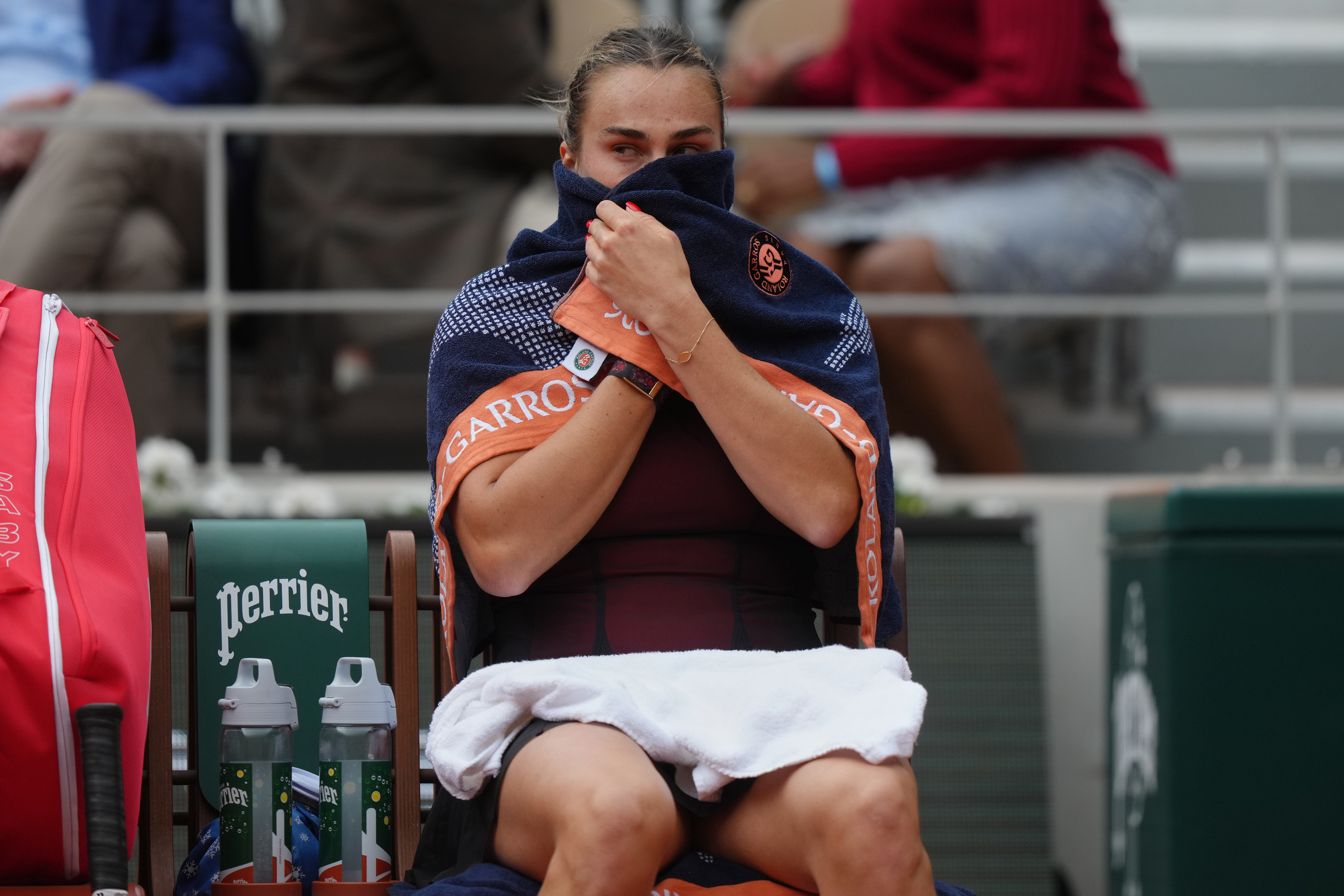 Aryna Sabalenka of Belarus takes break between the games during the quarterfinal tennis match against Russia's Diana Shnaider at the French Open in Paris