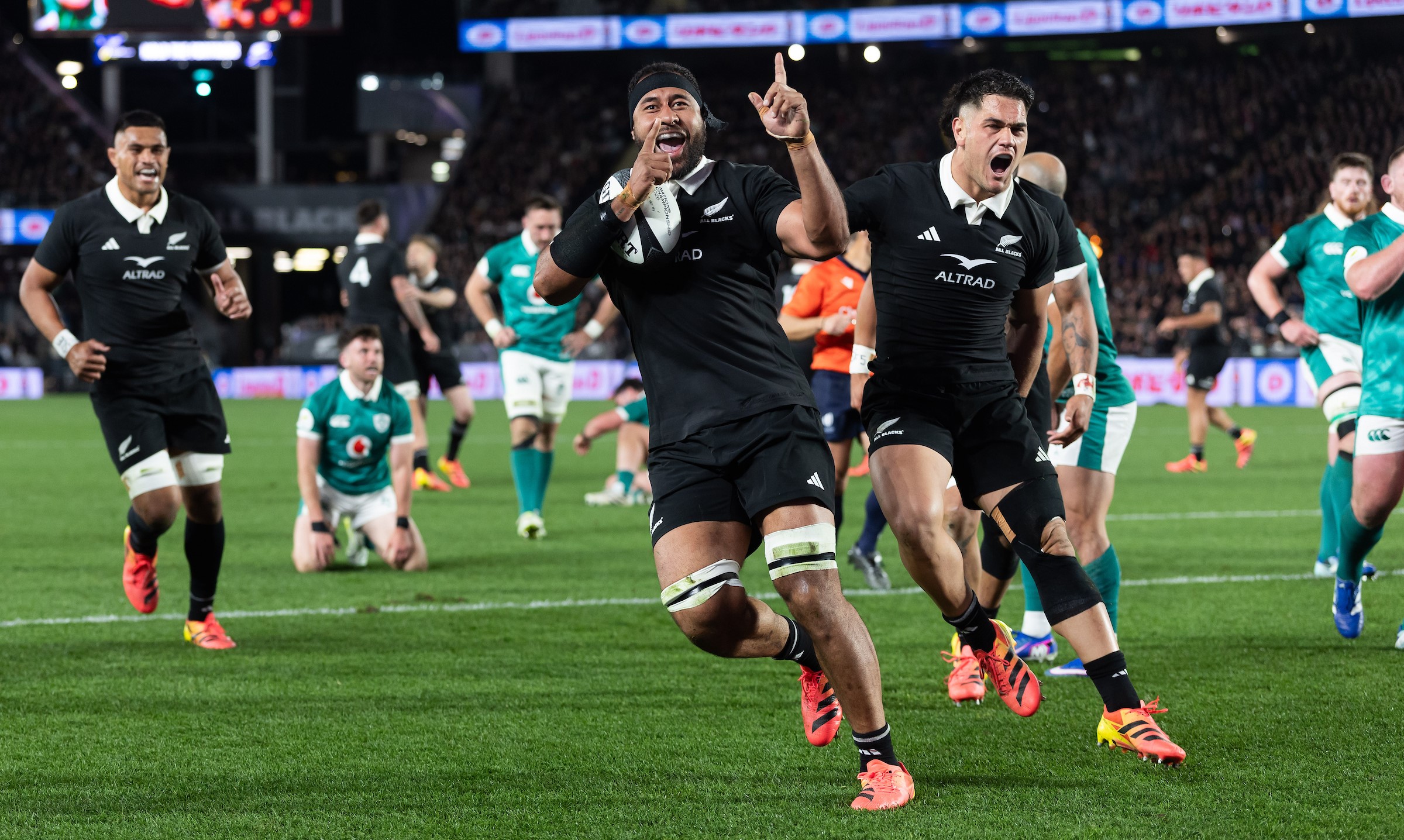 All Blacks lock Patrick Tuipulotu celebrates his try against Ireland at Eden Park.
