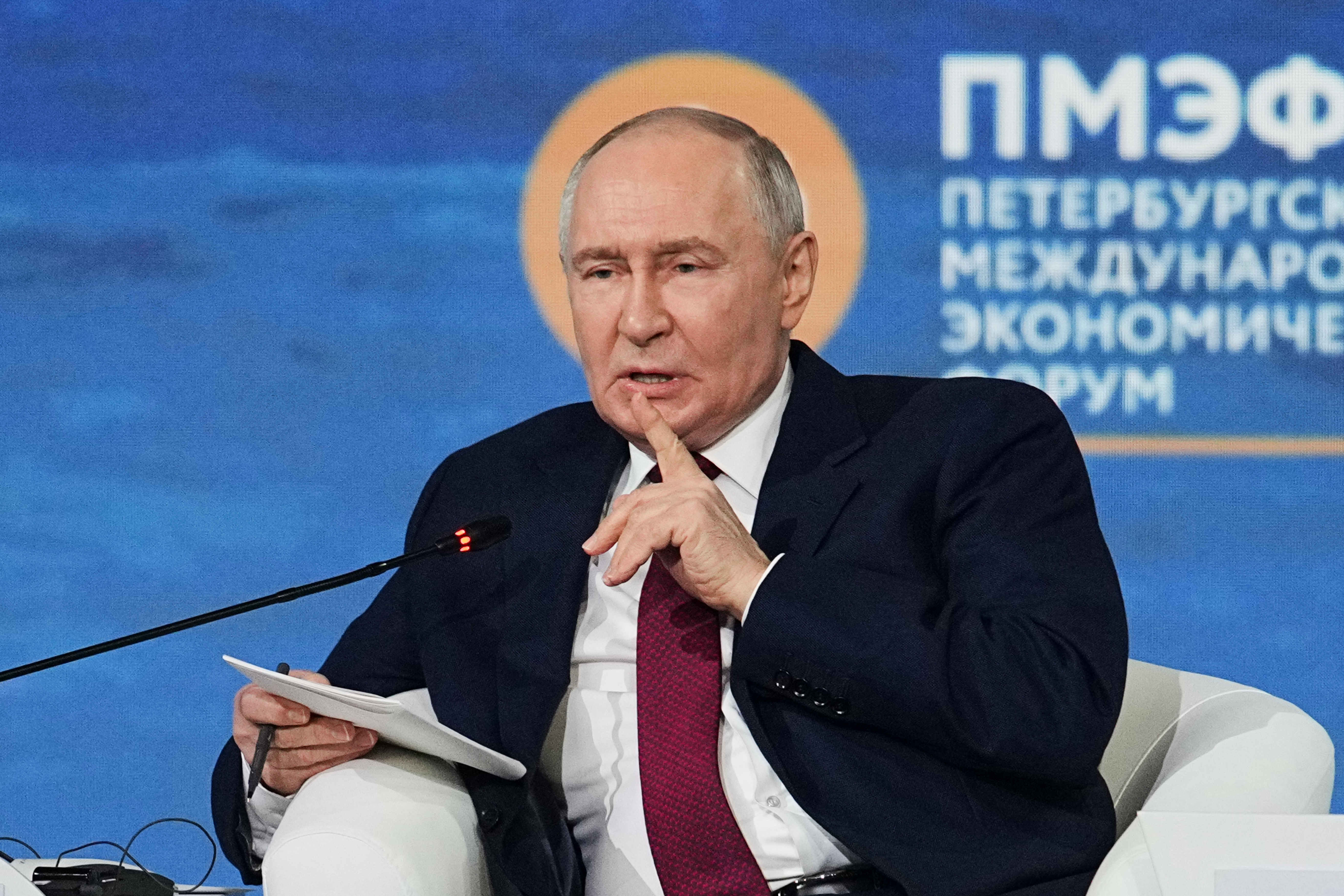 Russian President Vladimir Putin gestures speaking at a plenary session at the St Petersburg International Economic Forum in St Petersburg, Russia, on Friday, June 5, 2026.