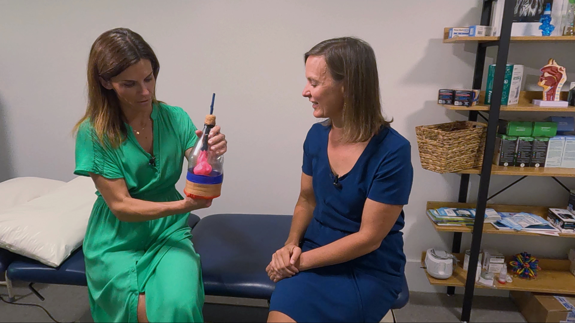 Catherine George (right) shows Rachel Parkin how the diaphragm is a dome-shaped muscle that pulls downwards and outwards, inflating the lungs. 