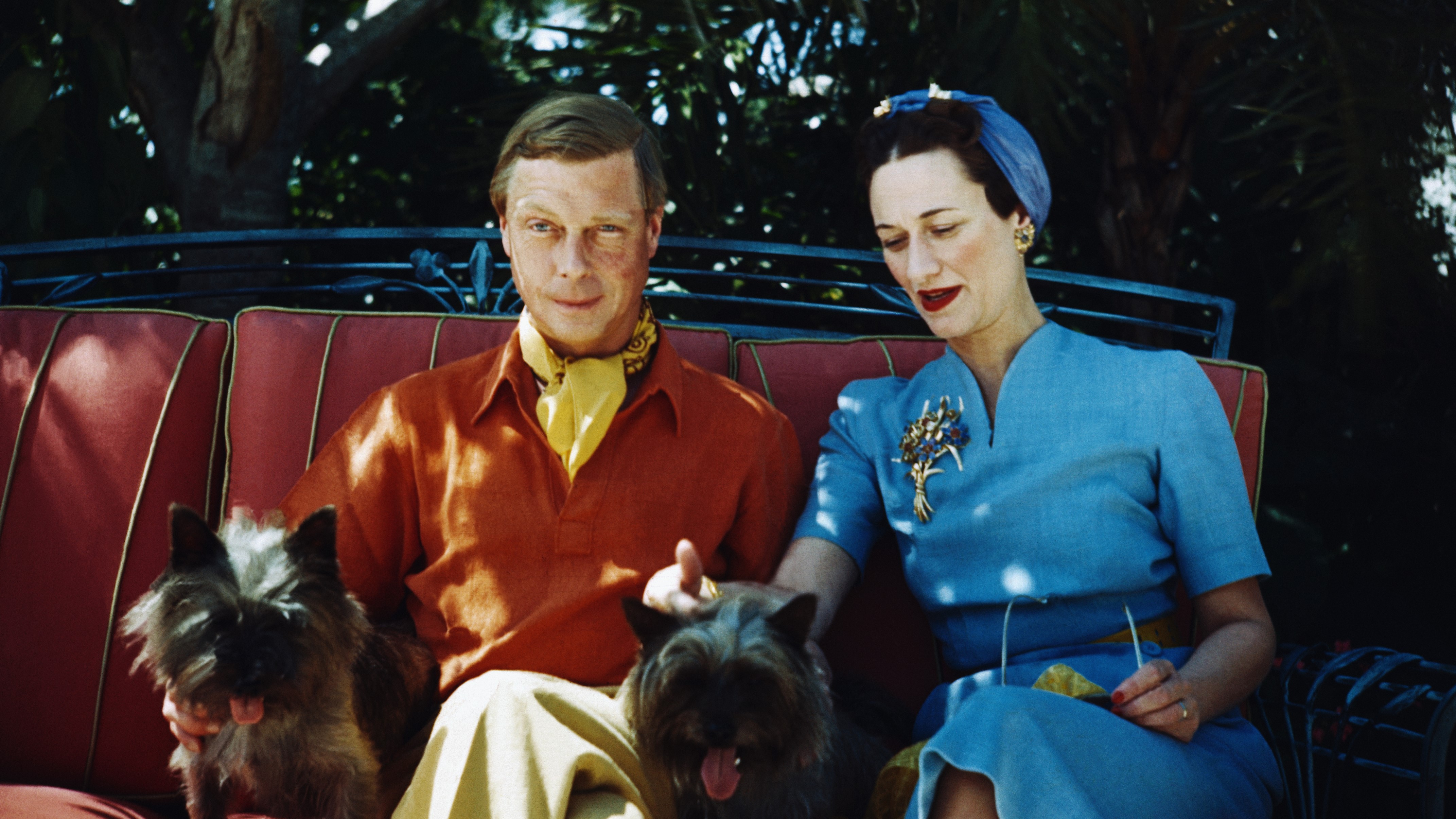The Duke and Duchess of Windsor seated outdoors with their two small dogs