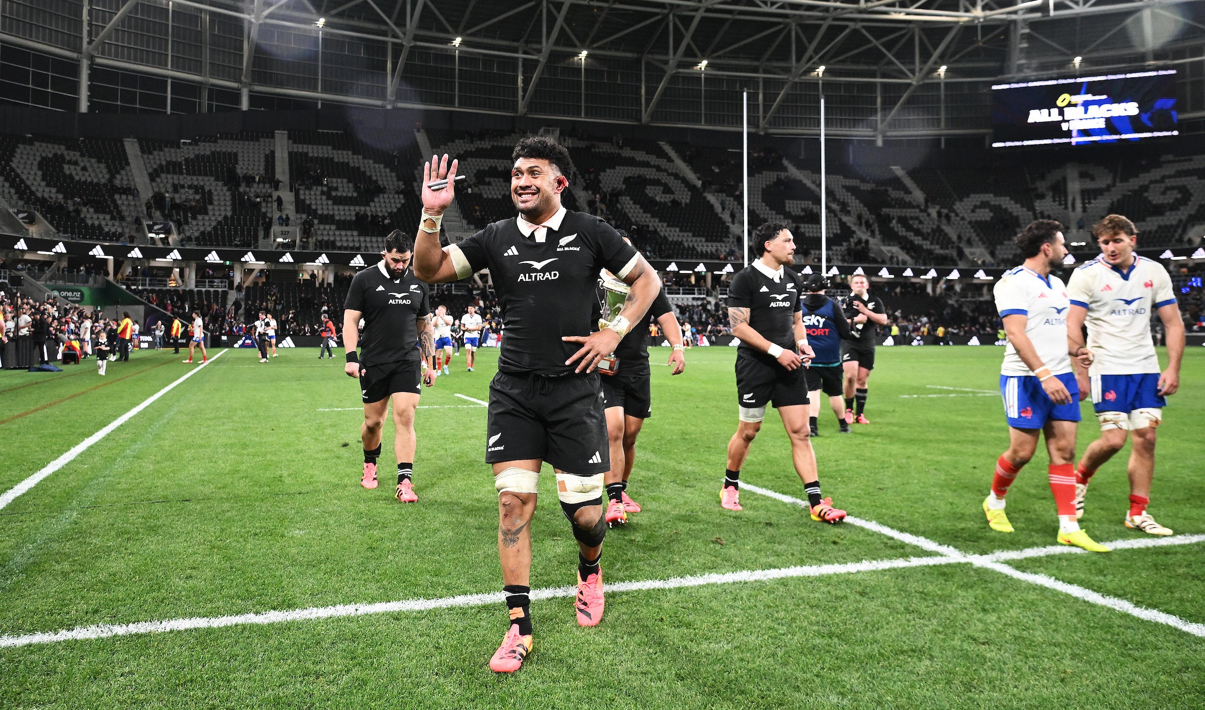 All Blacks skipper Ardie Savea celebrates after his side's victory over the French.