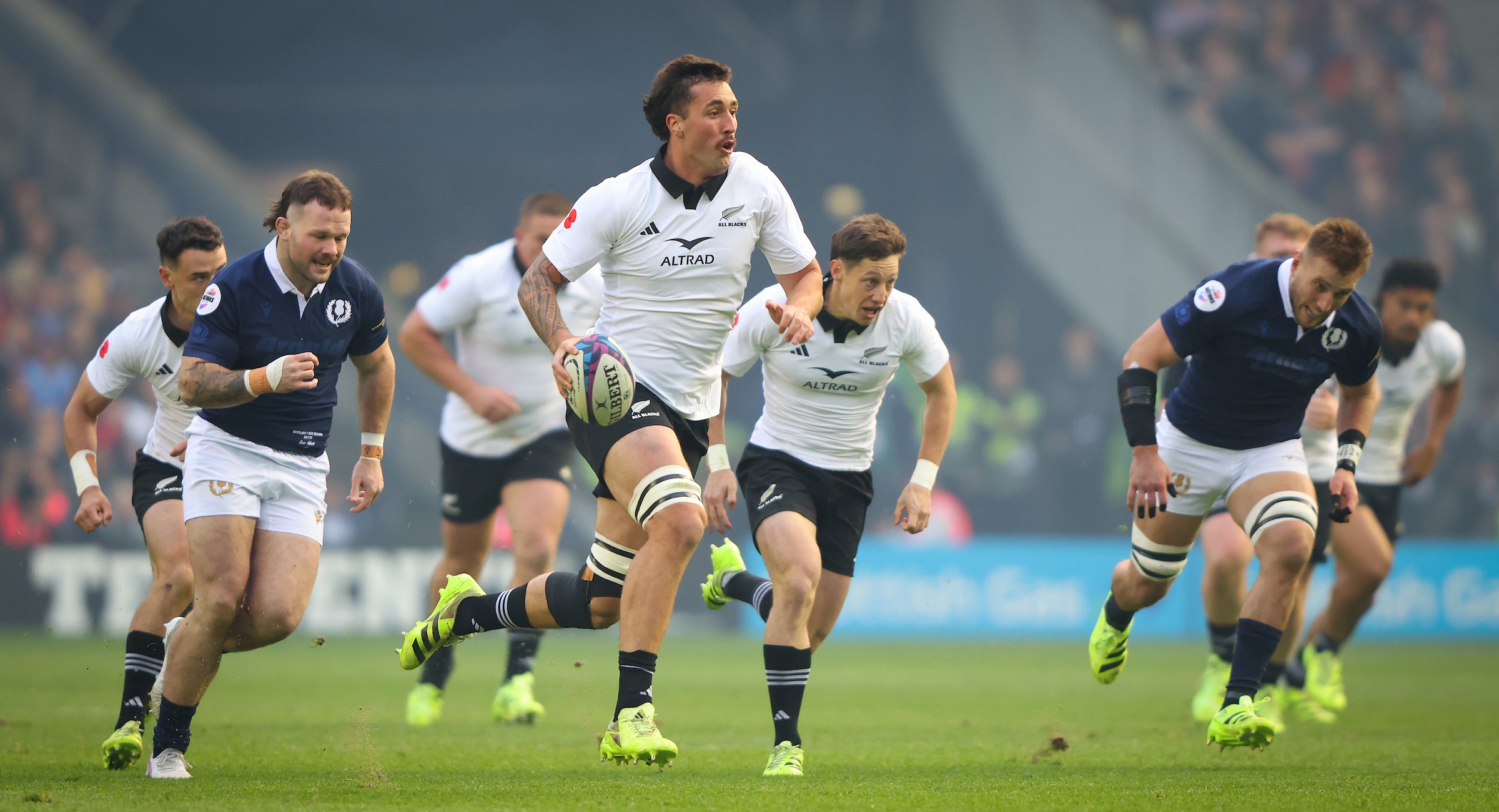 Josh Lord makes the break that led to Cam Roigard's early try for the All Blacks against Scotland.
