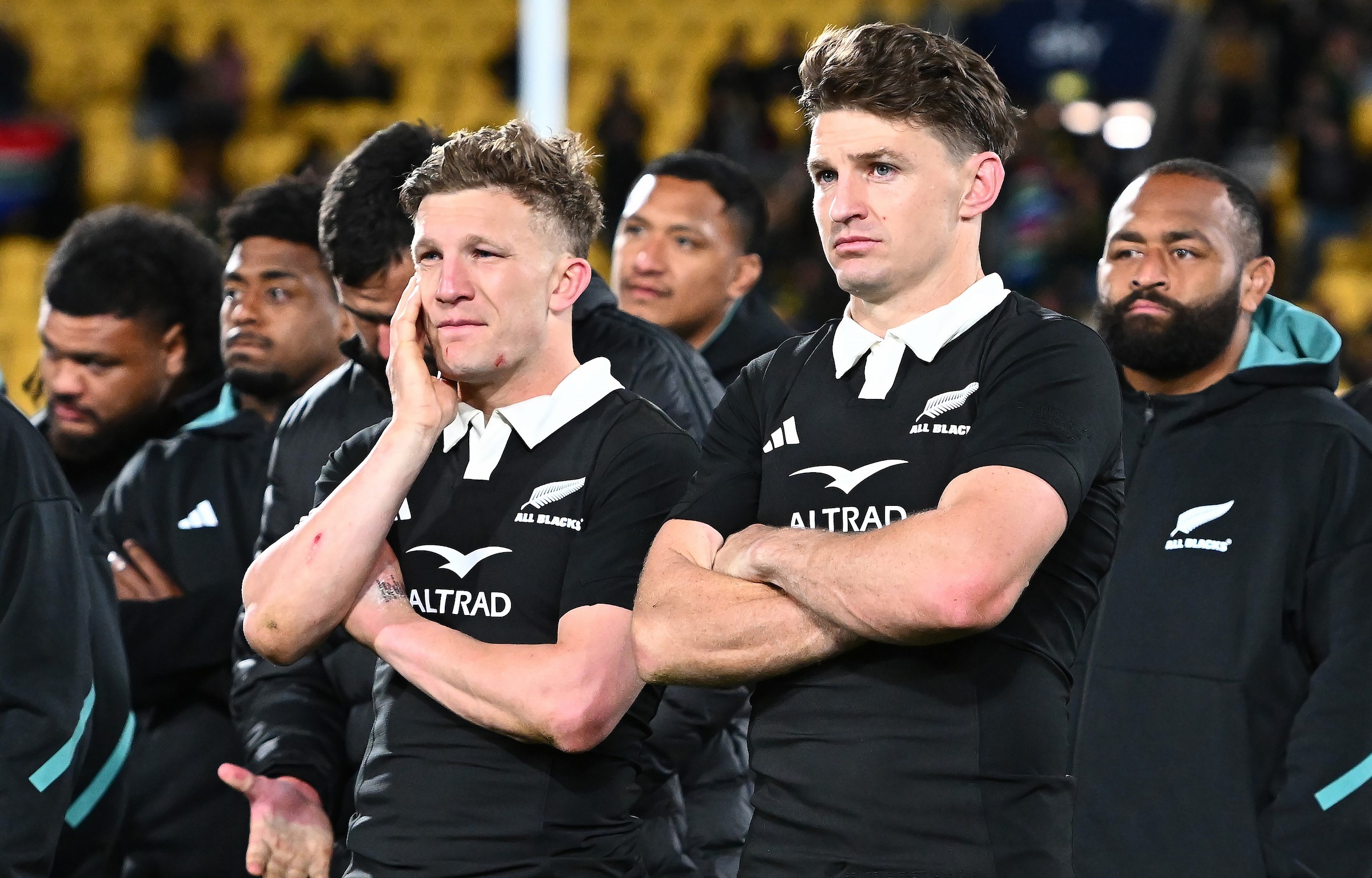 Damian McKenzie, left, and Beauden Barrett react to the All Blacks' defeat to the Boks in Wellington.