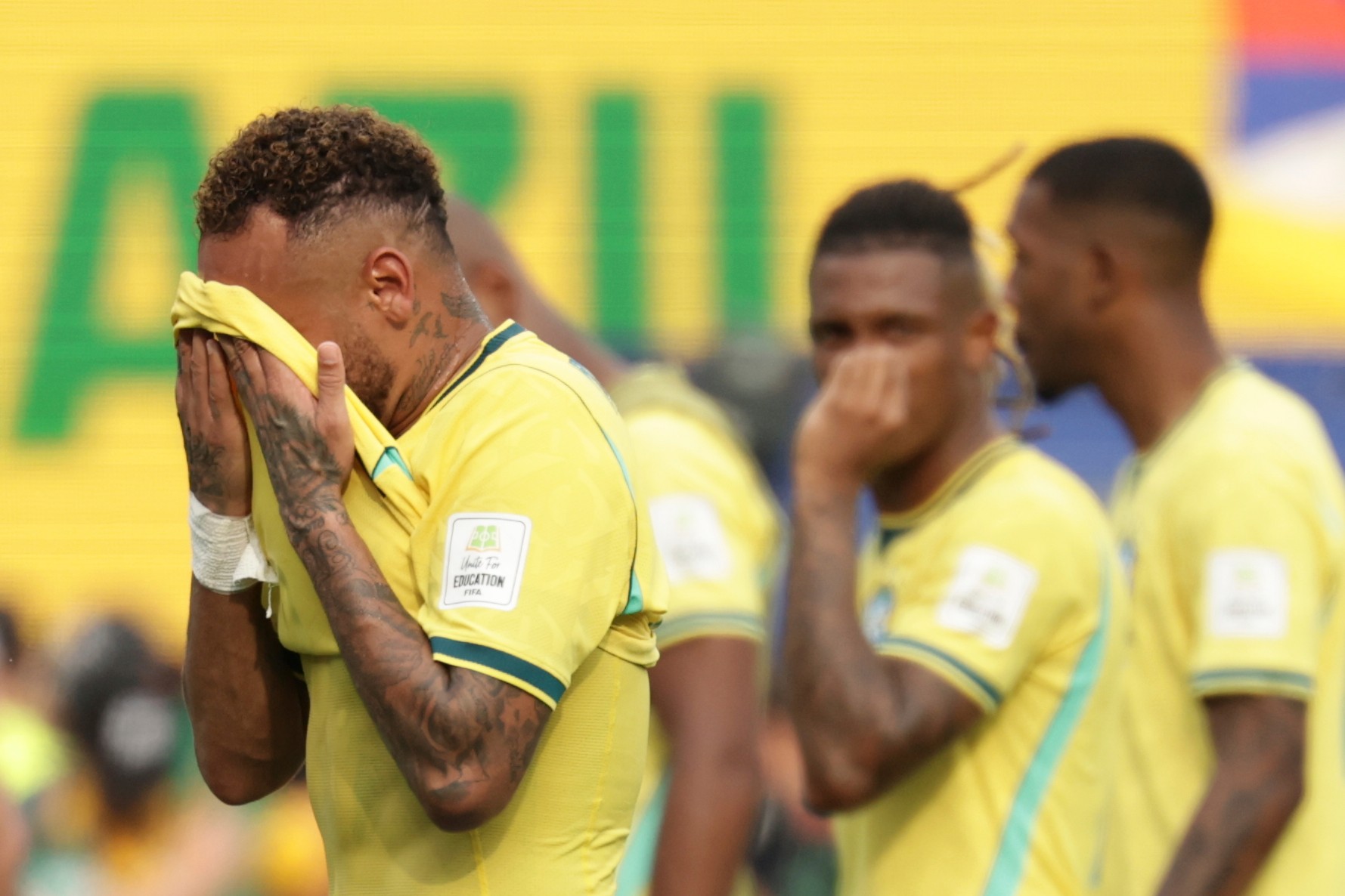 Brazil's Neymar (10) reacts at the end of the World Cup round of 16