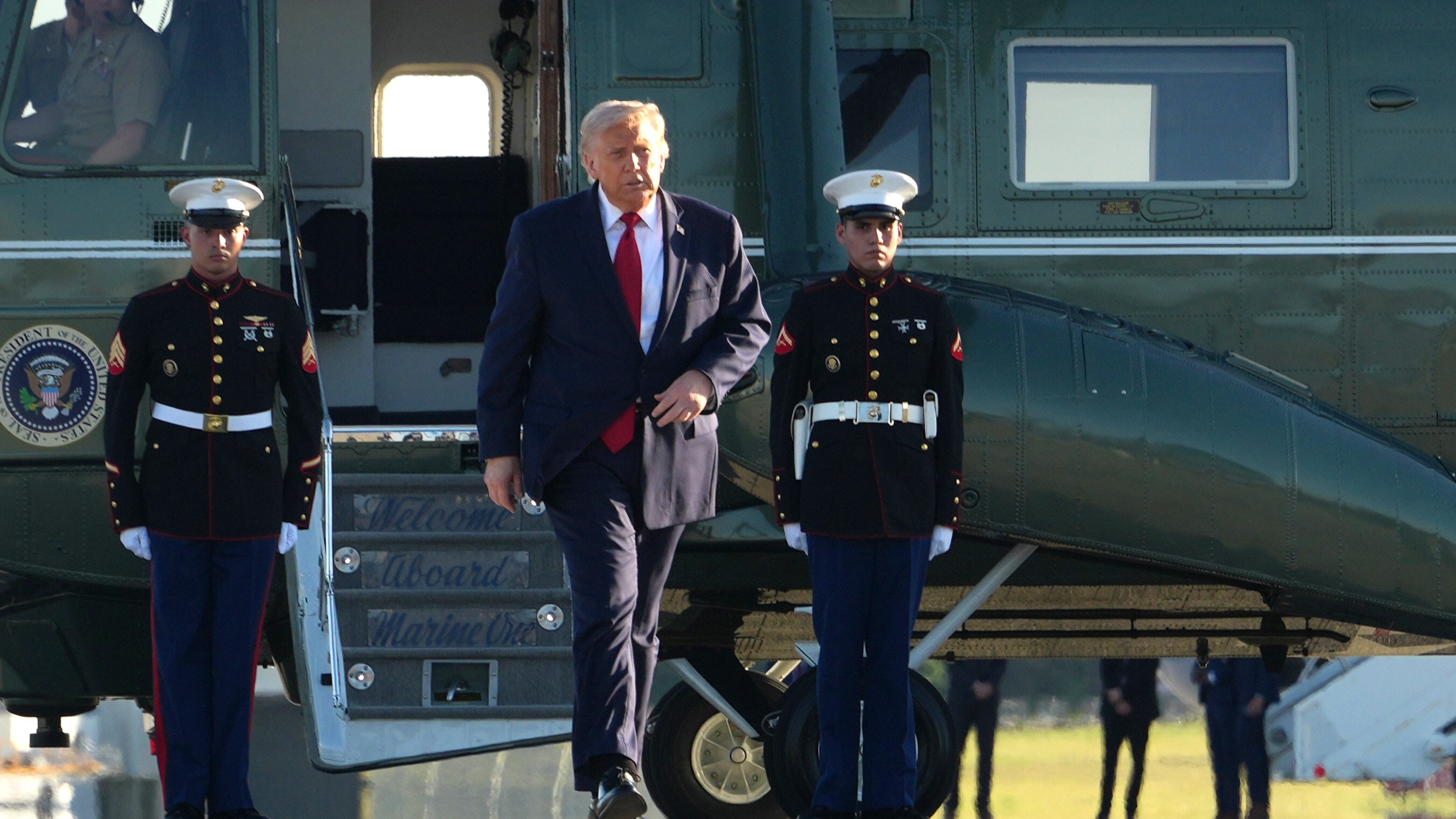 US President Donald Trump disembarks Marine One before boarding Air Force One at Geneva Airport, following the G7 summit, Wednesday, June 17, 2026, in Geneva, Switzerland. 