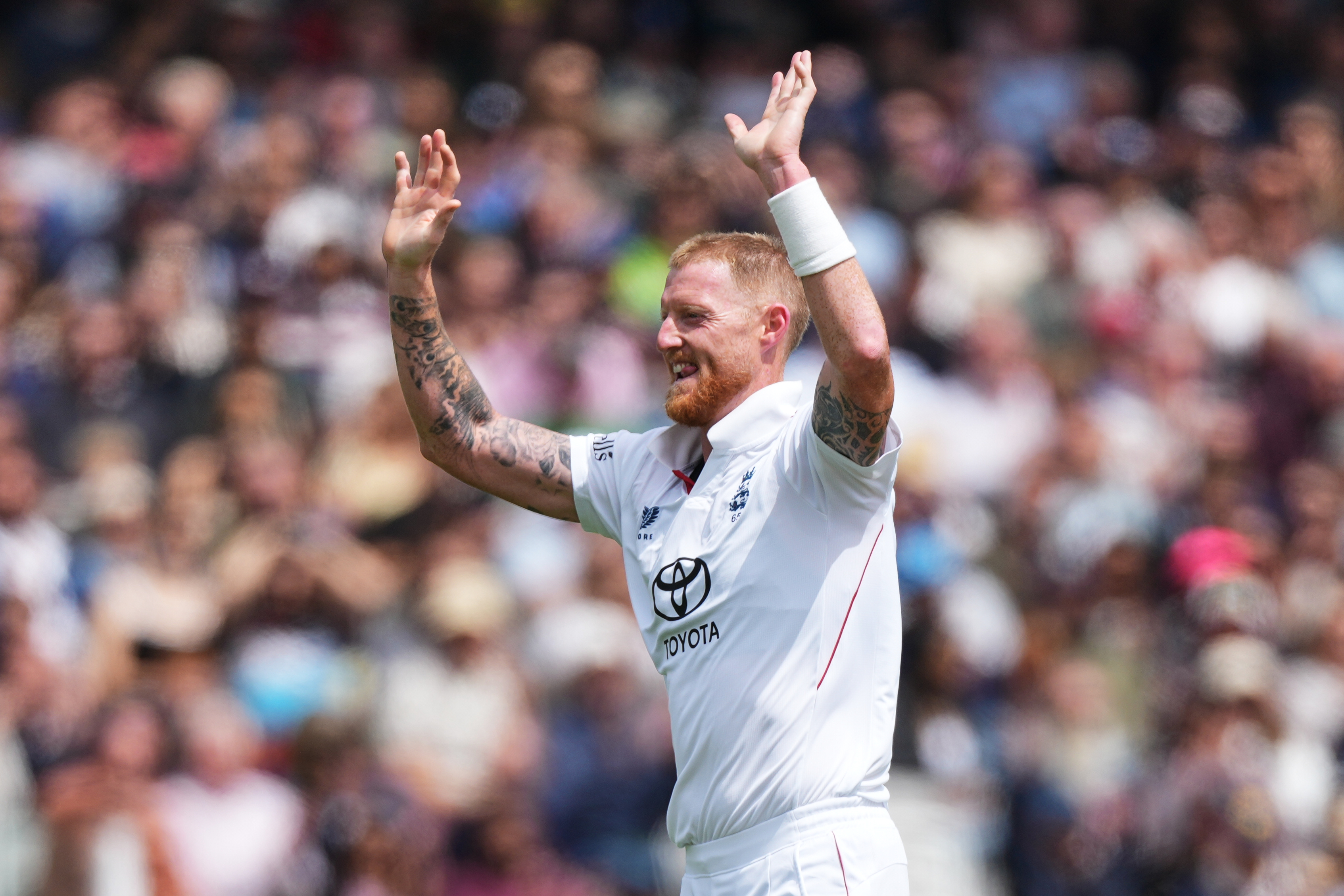 England's captain Ben Stokes celebrates the dismissal of New Zealand's Devon Conway during the fourth day of the Test match.