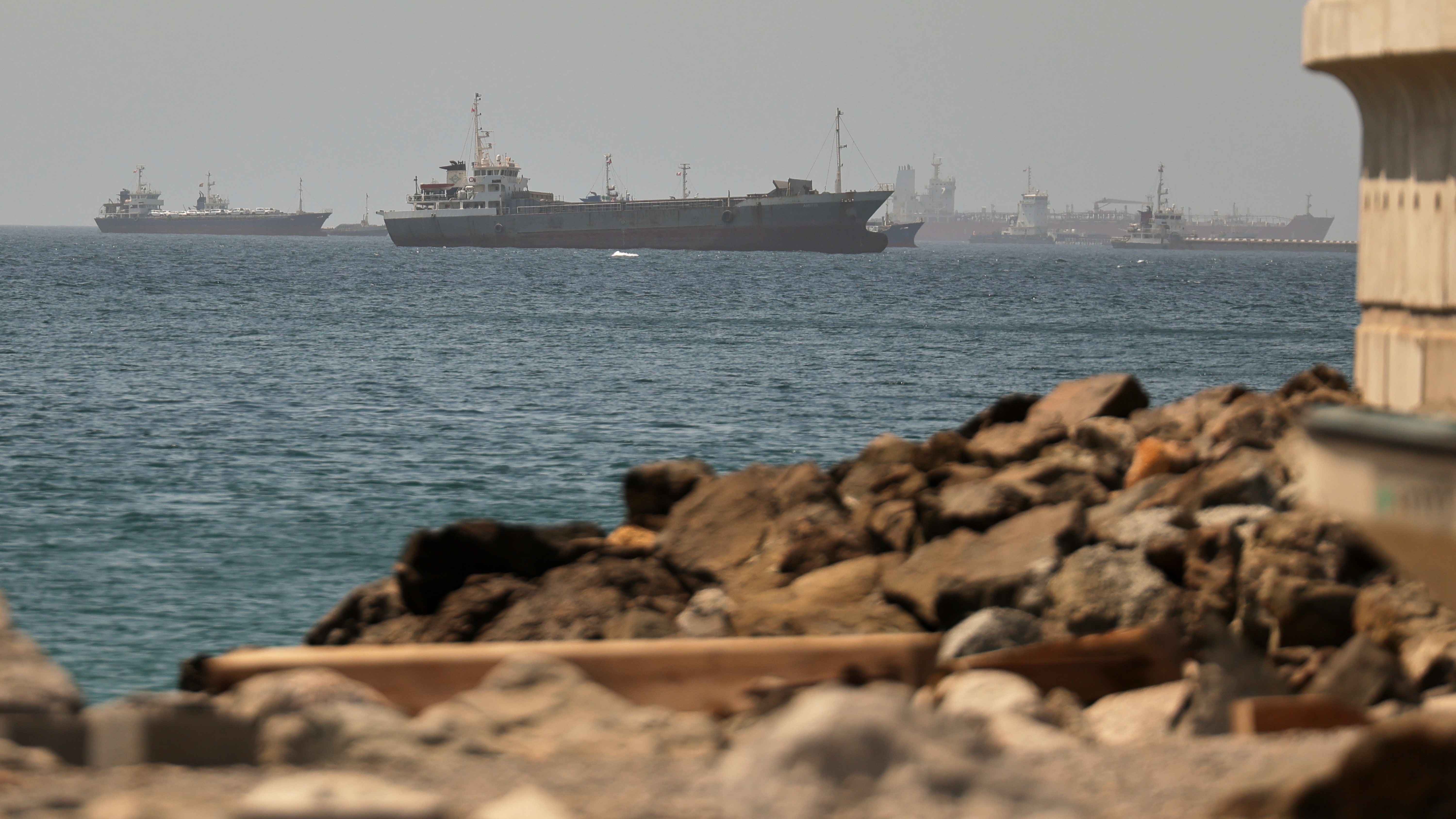 Tankers and cargo vessels are seen in the Gulf of Oman, along shipping routes linking the Strait of Hormuz and the Arabian Sea.