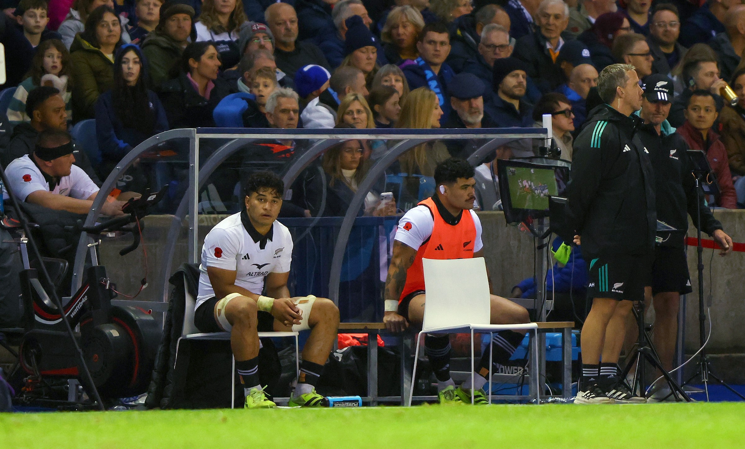 All Blacks loose forward Wallace Sititi bides his time in the sinbin at Murrayfield.