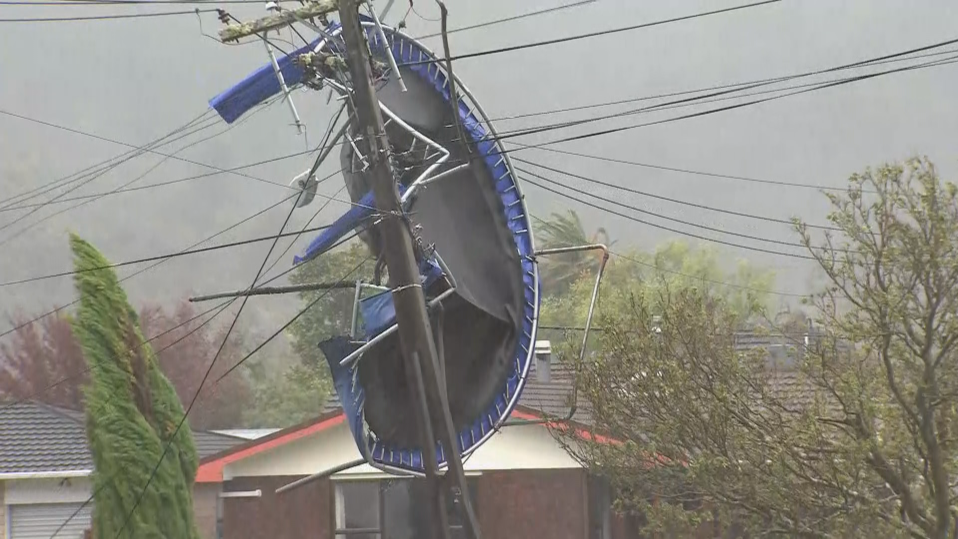 Flying trampoline damages power lines as wild weather slams Wellington