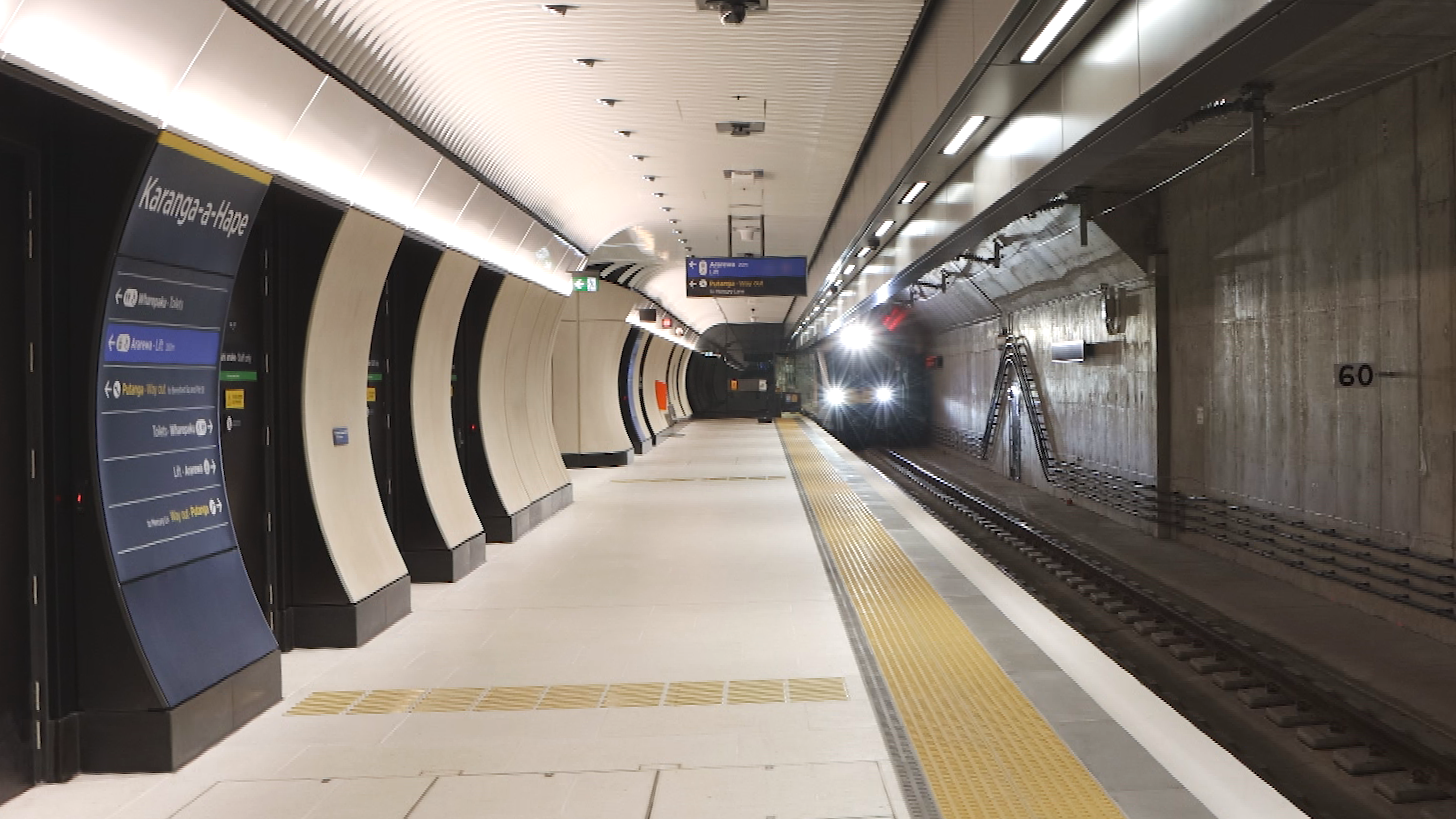 A train in the Karangahape Station tunnels