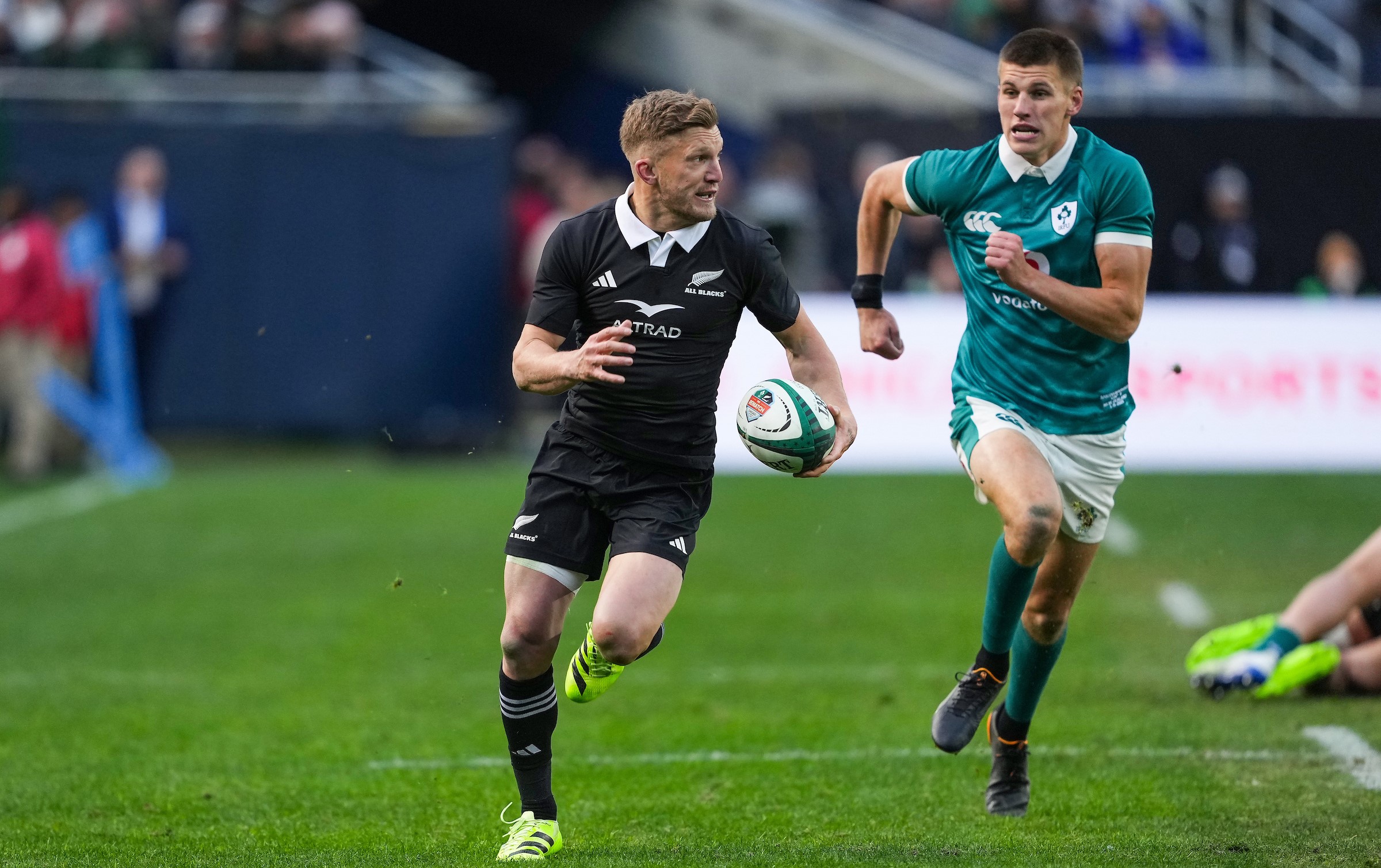 Damian McKenzie makes a break against Ireland in Chicago last year.