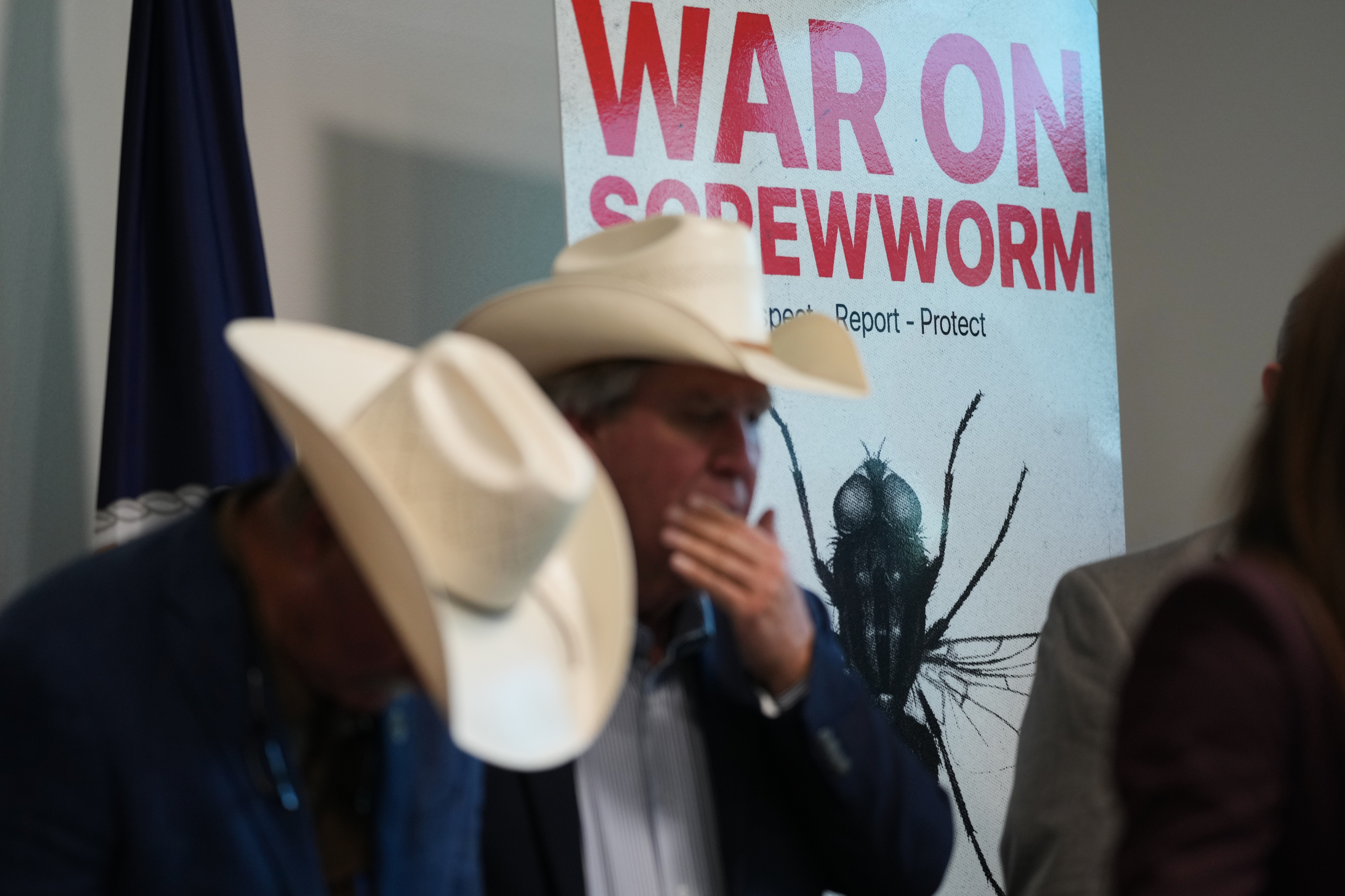 Signage is seen as US Agriculture Secretary Brooke Rollins holds a news conference at the Knipling-Bushland US Livestock Insects Research Laboratory in Kerrville, Texas, Monday, June 8, 2026.