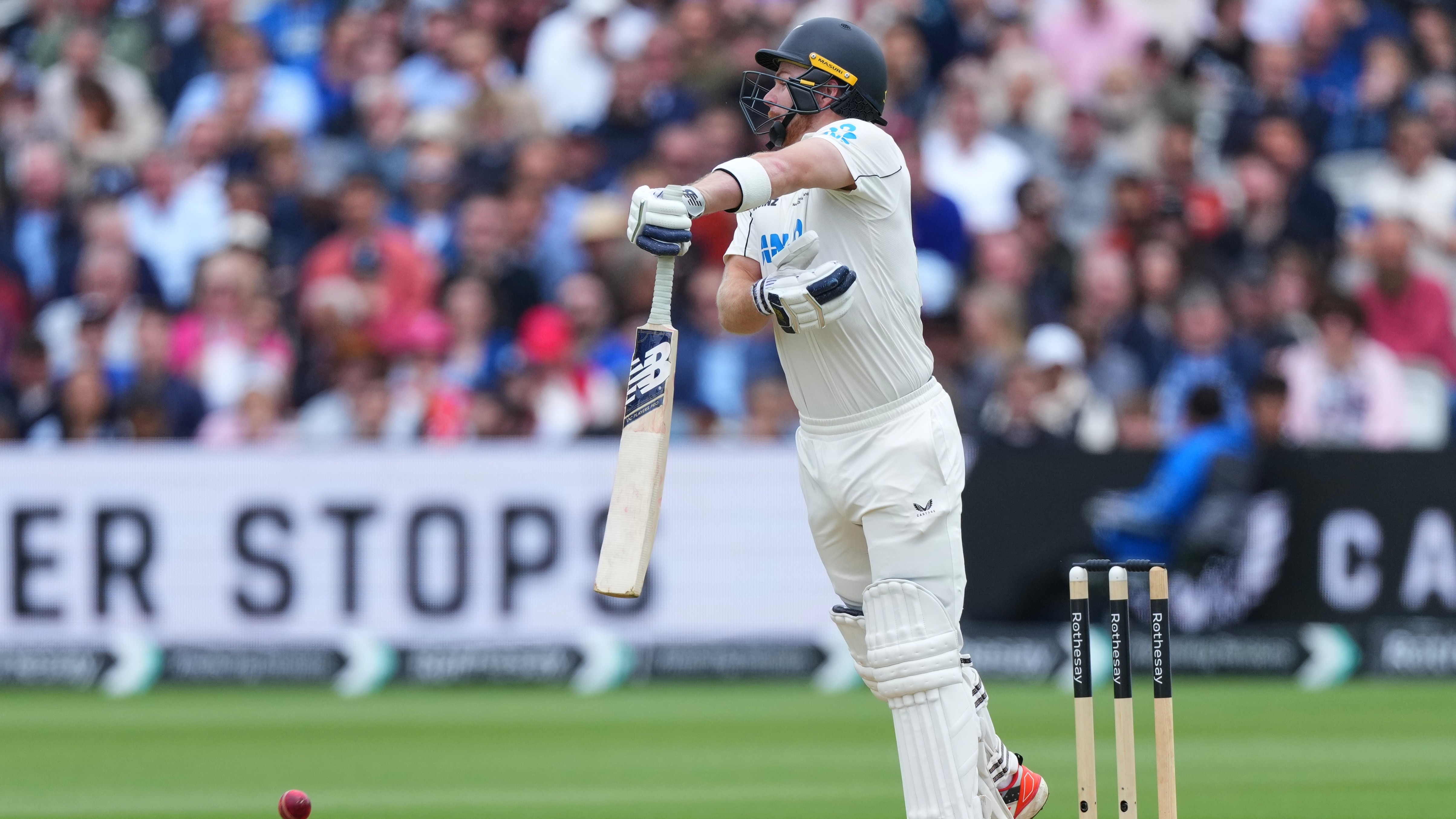New Zealand's Glenn Phillips plays a shot during the fourth day of the Test match between England and New Zealand at Lord's cricket ground in London.