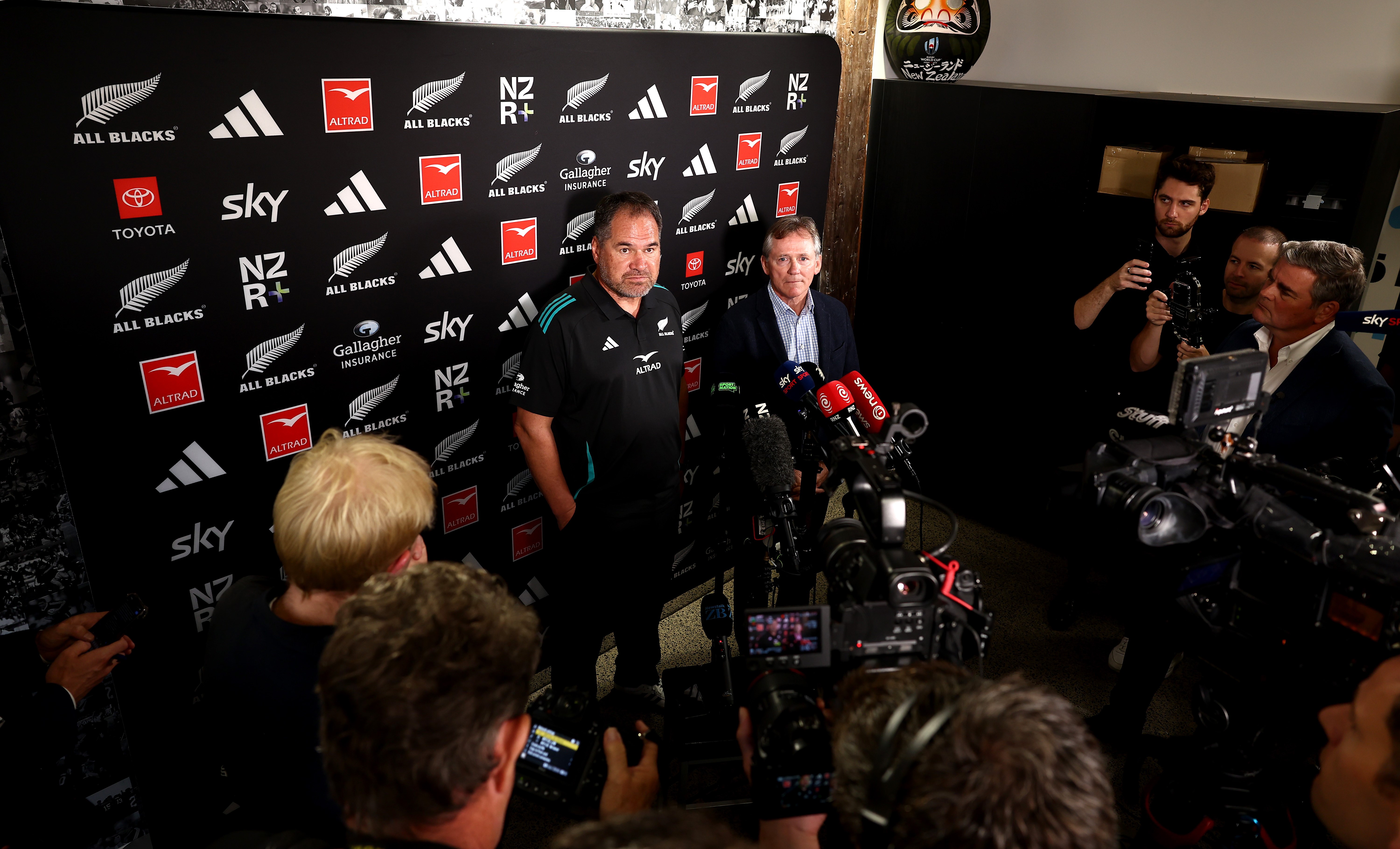 All Blacks head coach Dave Rennie, left, faces the media alongside NZ Rugby chairman David Kirk. 