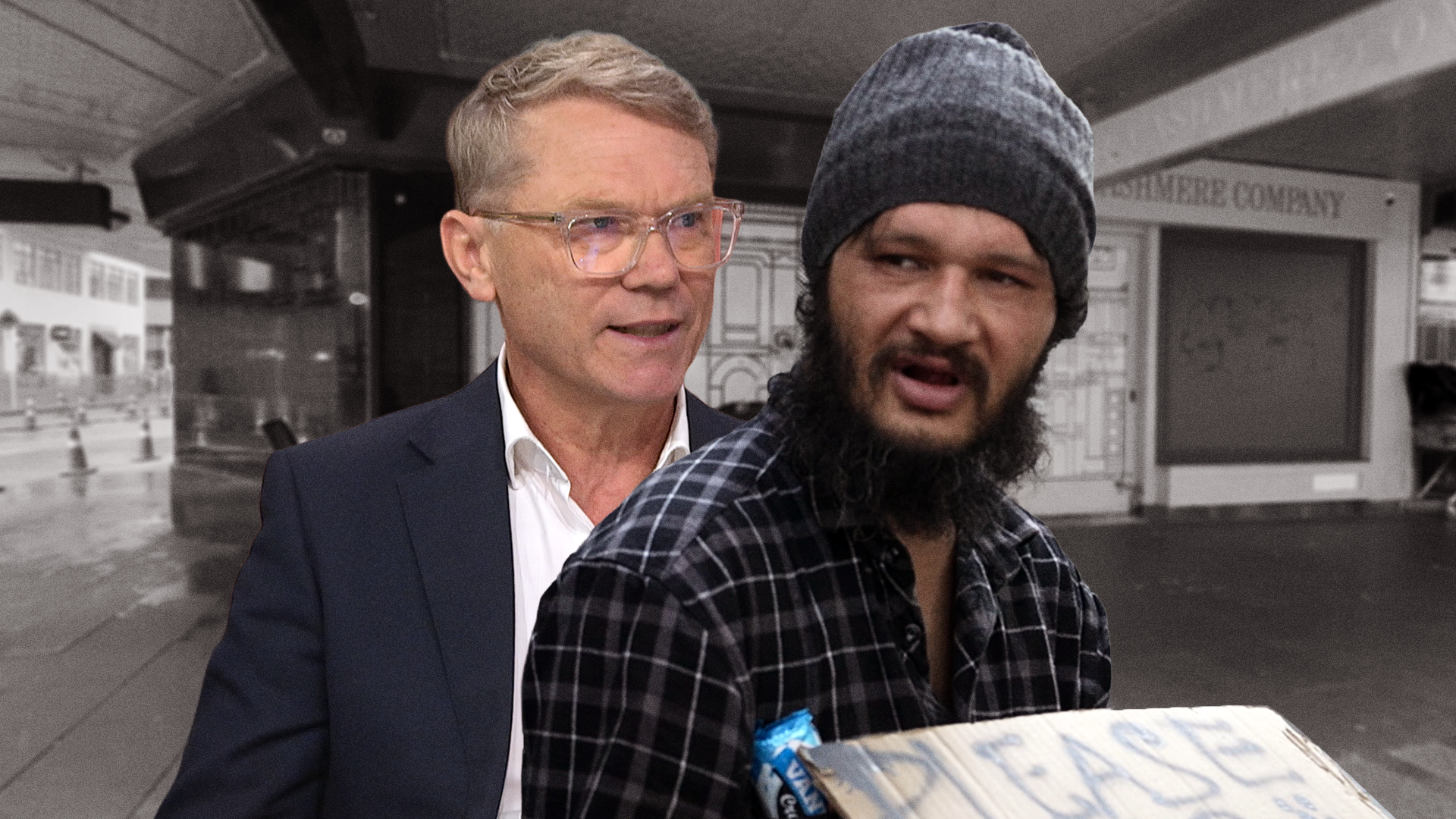 Justice Minister Paul Goldsmith, and a homeless man on the streets of Auckland. (Composite image: Vinay Ranchhod, 1News)