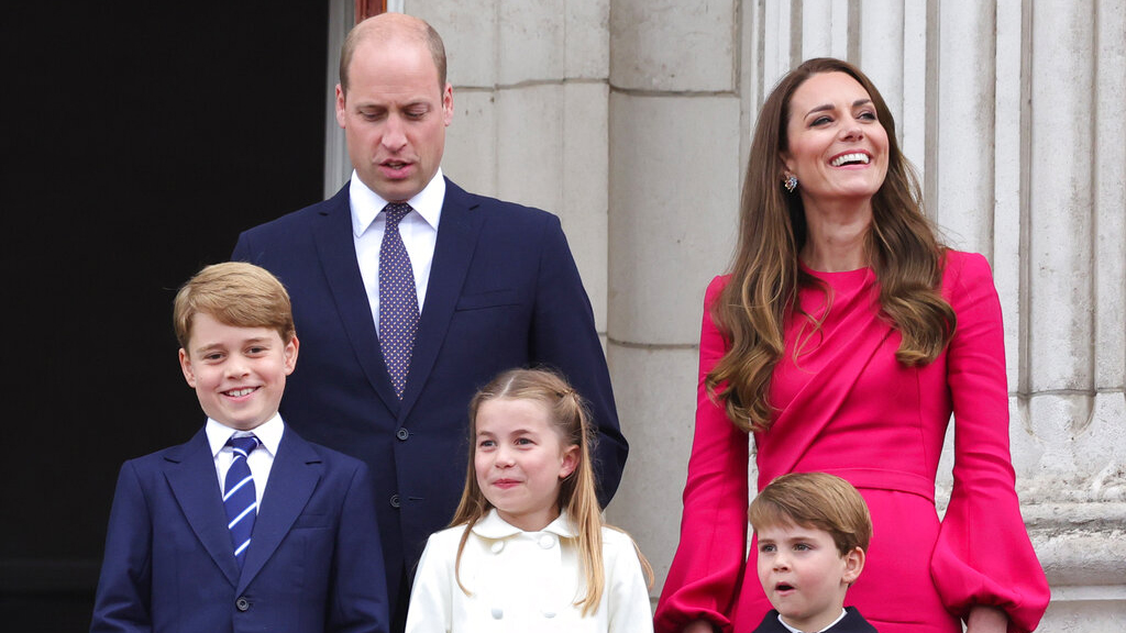 Prince William, Kate, Duchess of Cambridge, Prince George, Princess Charlotte and Prince Louis pictured during the Platinum Jubilee Pageant in June 2022.