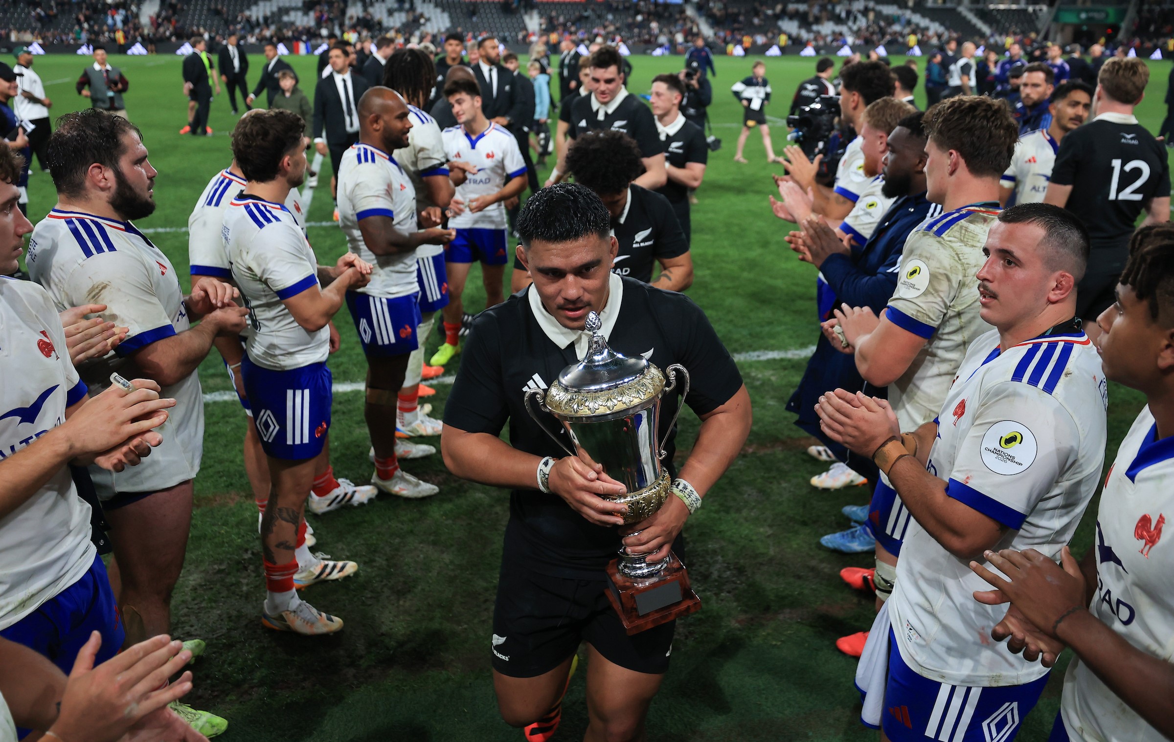 All Blacks debutant prop Xavier Numia with the Gallaher Trophy after the win over France in Christchurch.
