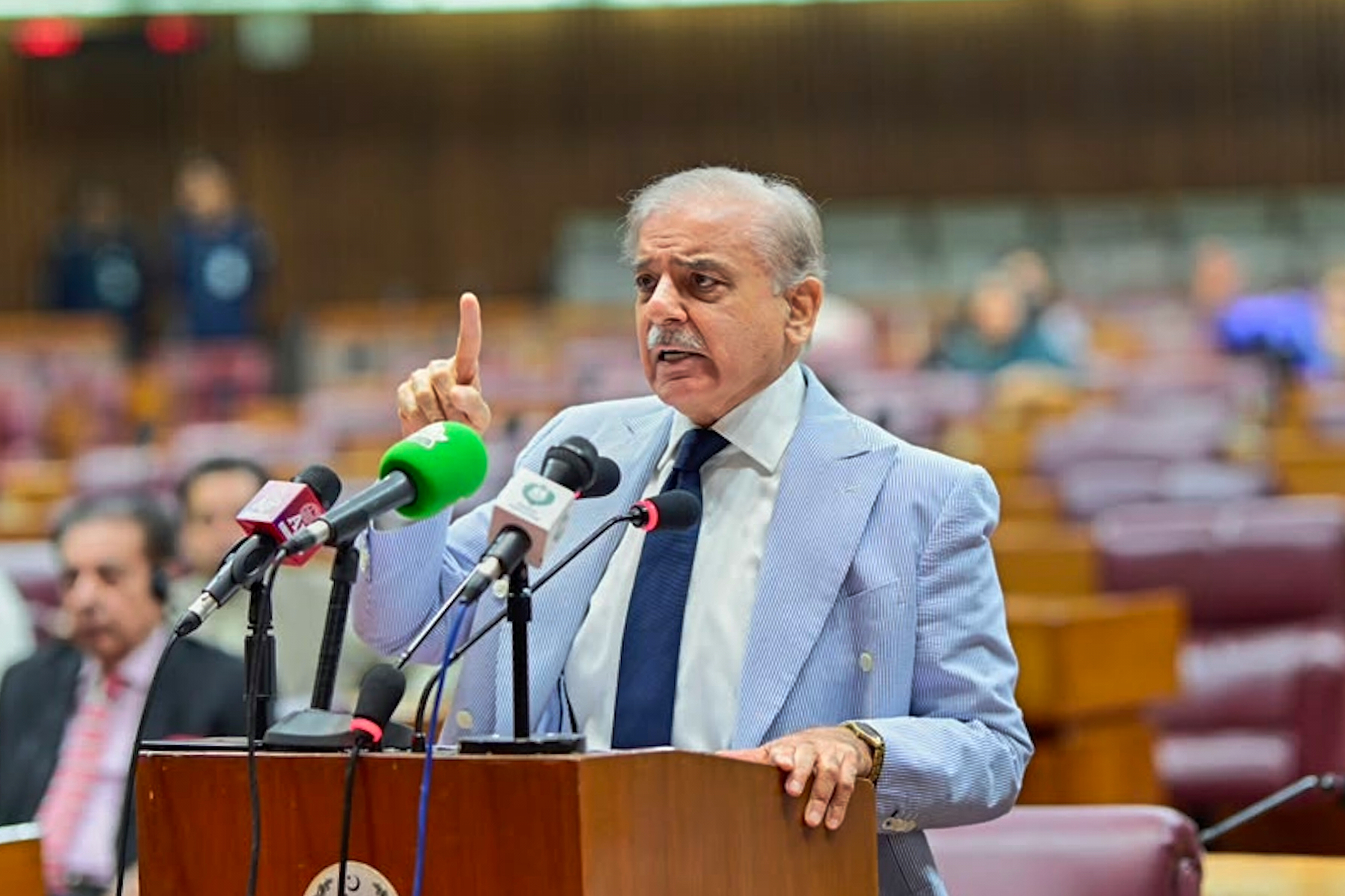 In this photo released by the Pakistan Prime Minister Office, Prime Minister Shehbaz Sharif speaks on the US's conflict with Iran.