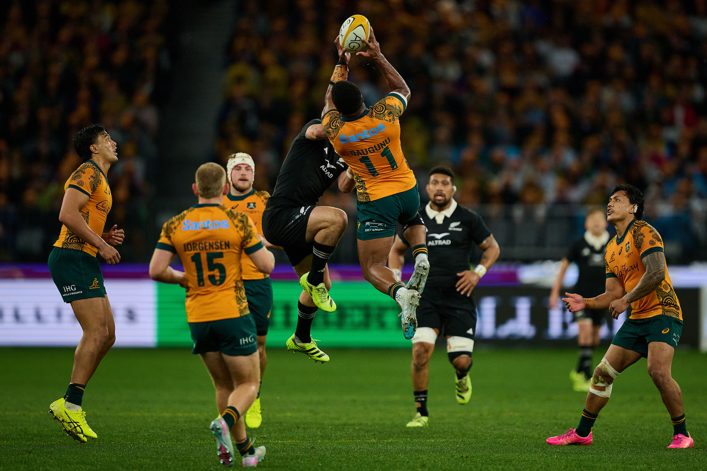 Wallabies wing Filipo Daugunu climbs to win a high kick against the All Blacks in Perth last year.