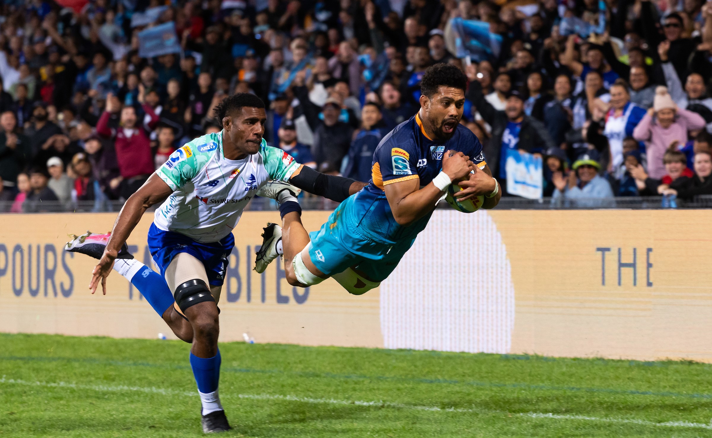 Ardie Savea finishes a spectacular disallowed try against the Drua at North Harbour Stadium.