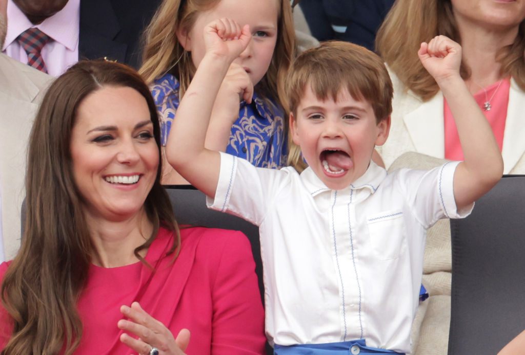 Catherine, Duchess of Cambridge and Prince Louis of Cambridge watch the Platinum Jubilee Pageant from the Royal Box.