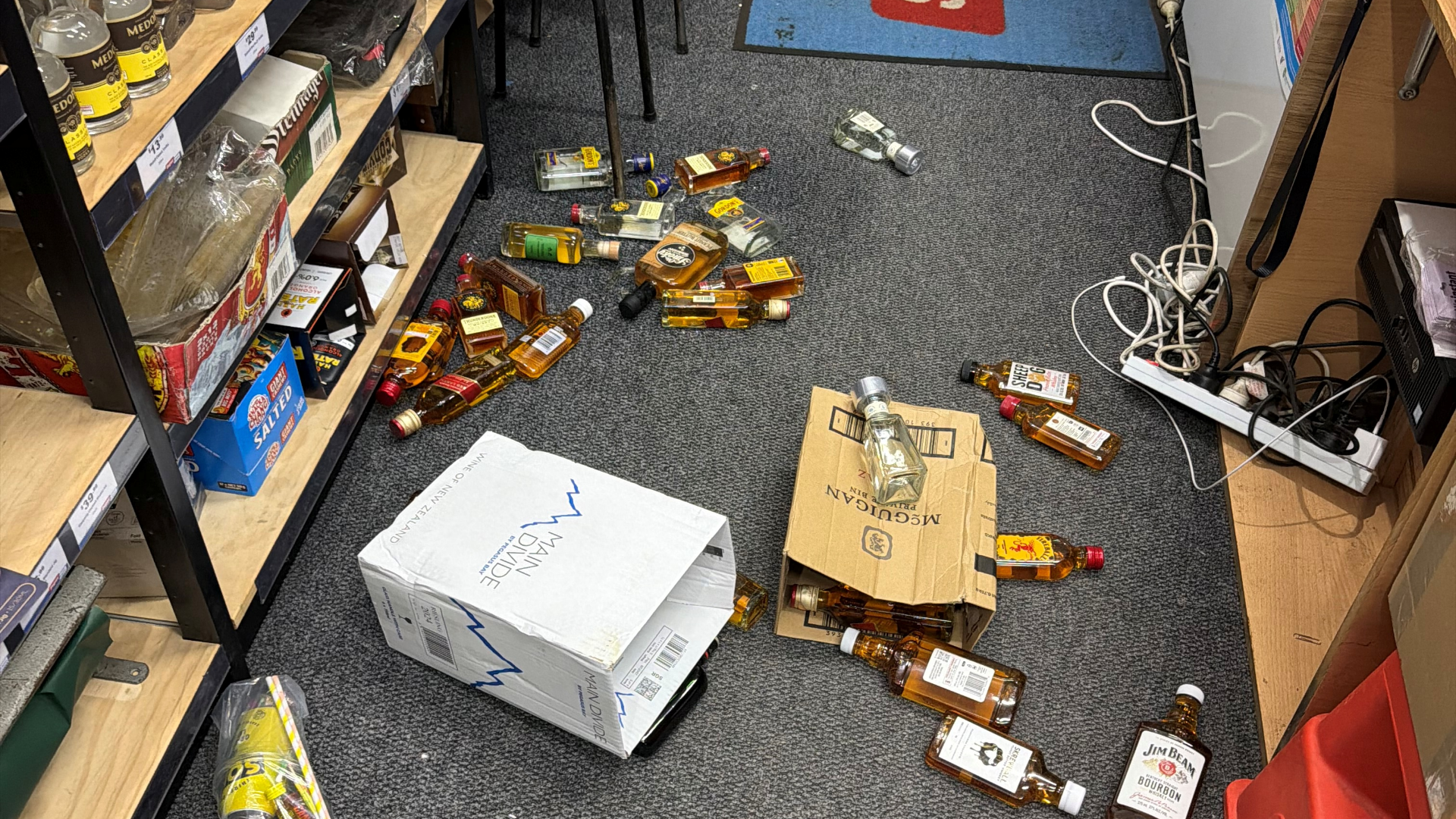 Bottles of alcohol were strewn across the floor at Super Liquor Taumarunui.