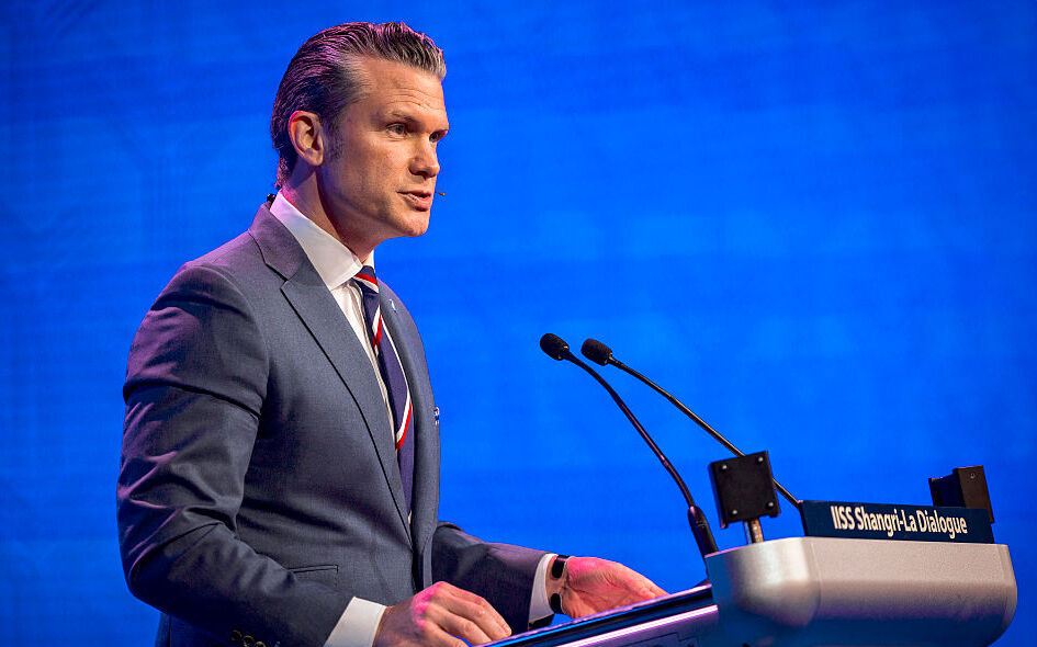  US Secretary of War Pete Hegseth speaks during the 23rd IISS Shangri-La Dialogue at the Shangri-La Hotel on May 30, 2026 in Singapore.`