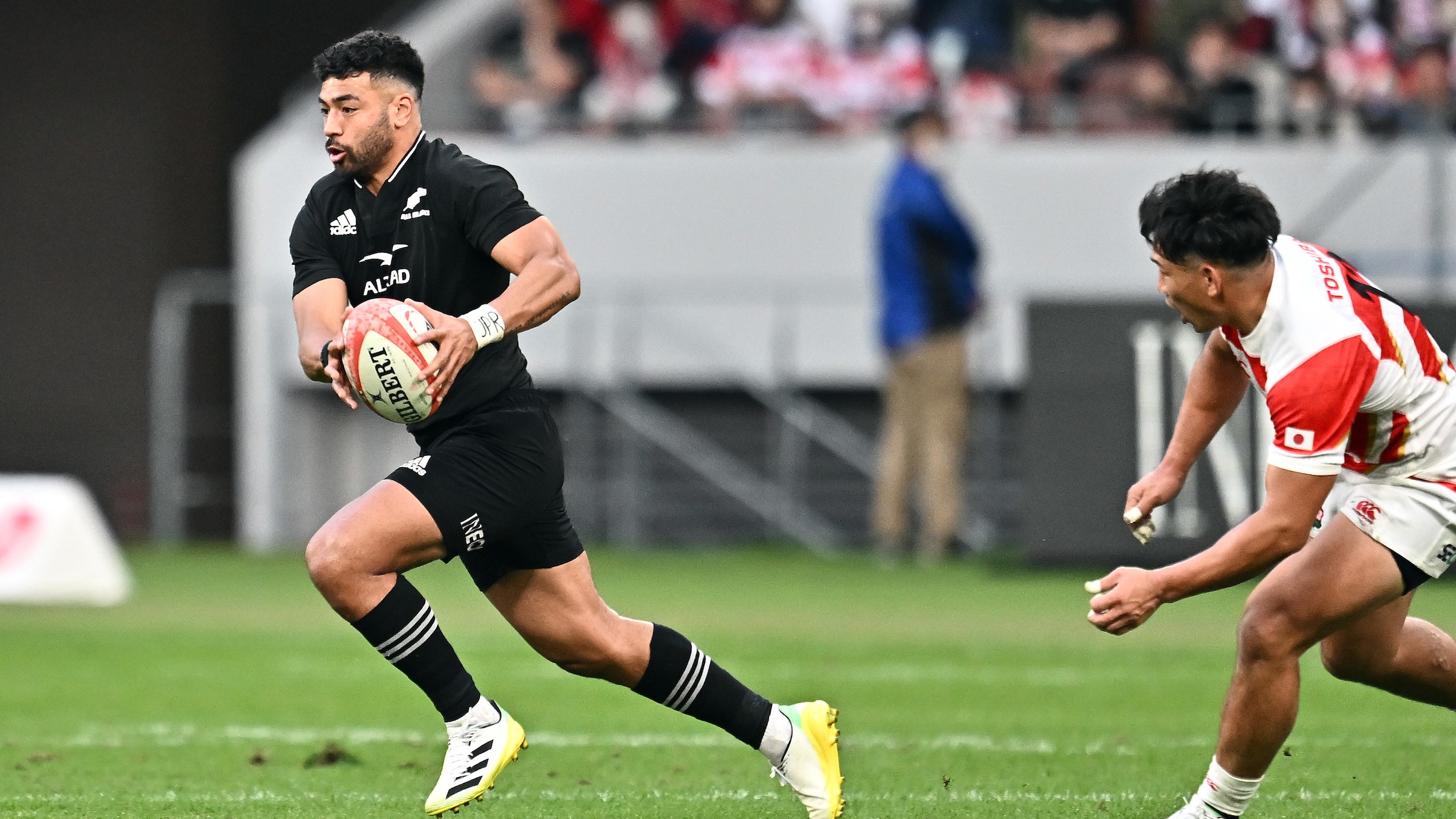 Richie Mo'unga makes a break against Japan - the All Blacks will need him to do more of this against Wales in Cardiff.