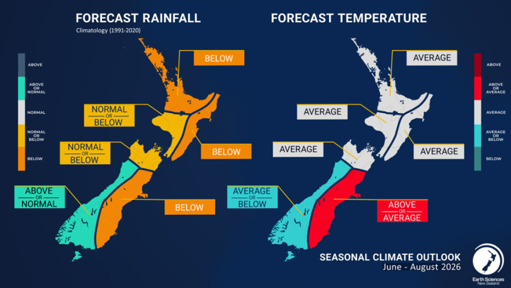 Earth Sciences New Zealand seasonal climate outlook for June to August 2026. Photo: Supplied / ESNZ