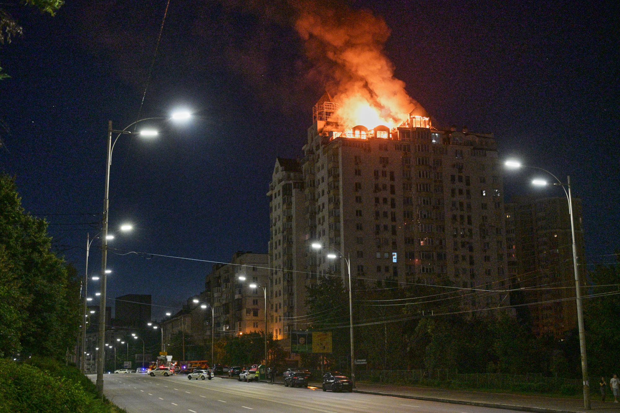 An apartment building burns after a Russian missile attack in Kyiv, Ukraine, Thursday, July 2, 2026.
