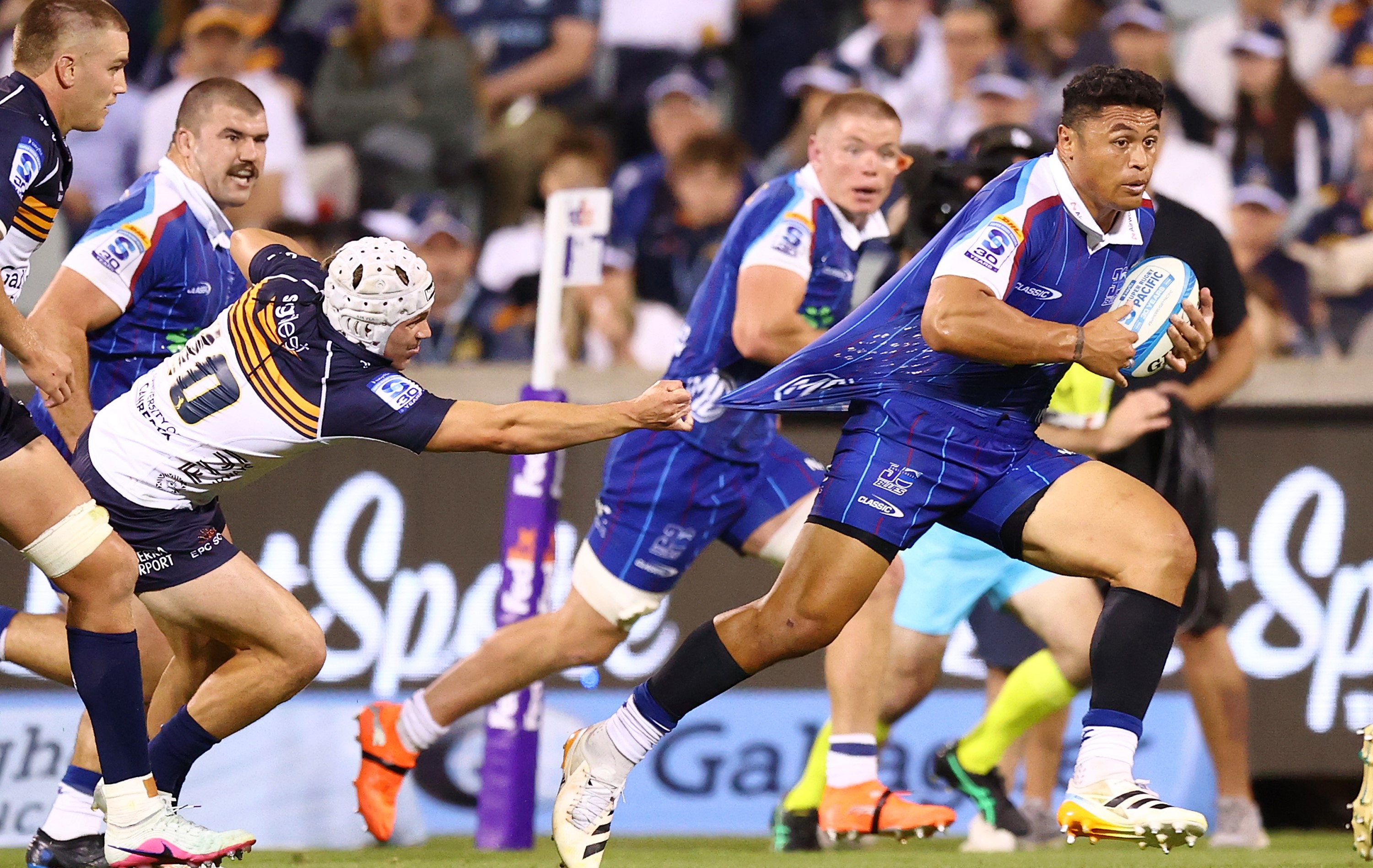 Blues wing Caleb Clarke makes a break against the Brumbies in Canberra.
