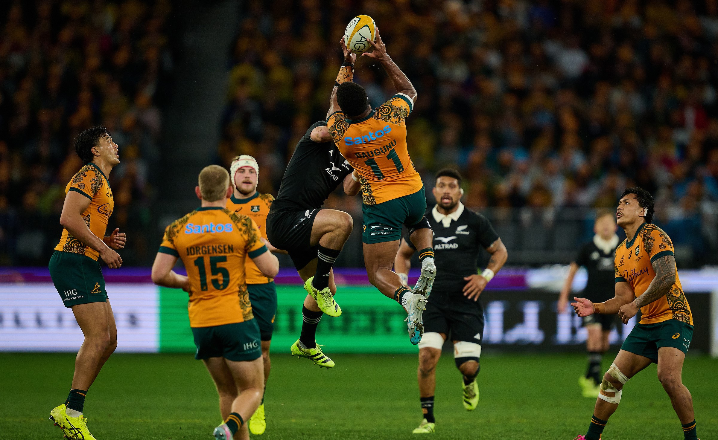 Filipo Daugunu of Australia climbs highest to claim the ball during the Bledisloe Cup Test in Perth this year.