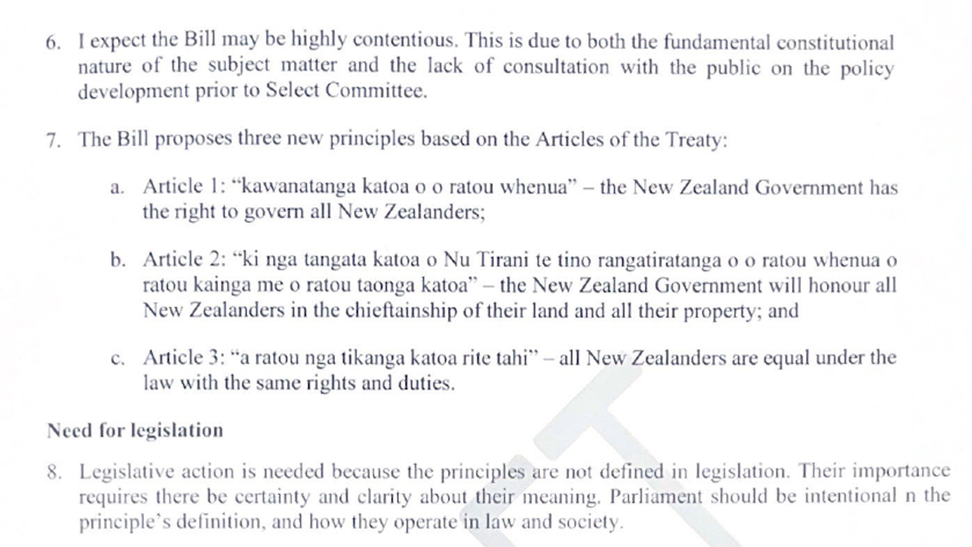 An extract from the Ministry advice on the Treaty Principles Bill