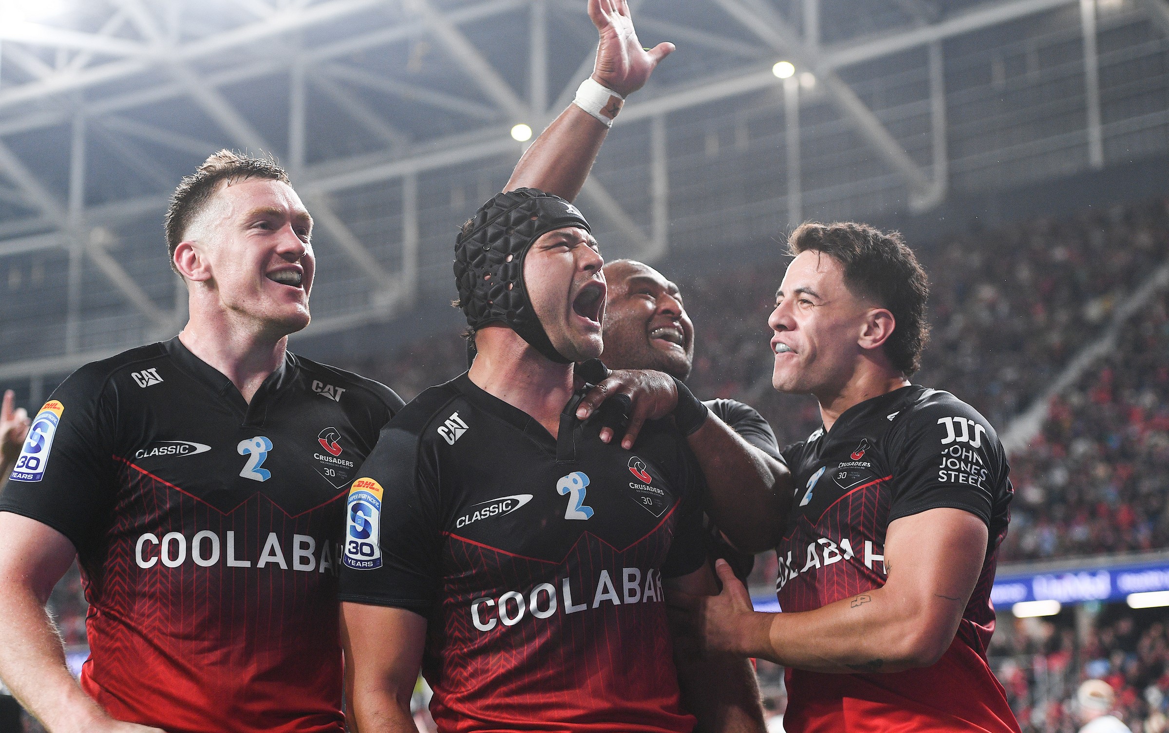 David Havili celebrates a try that was later ruled out against the Waratahs.