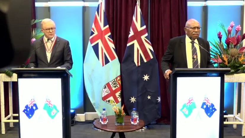 Anthony Albanese and Fiji PM Sitiveni Rabuka signing the Ocean of Peace Alliance.