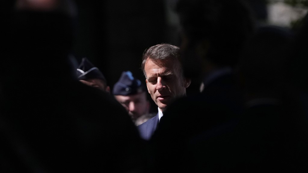 French President Emmanuel Macron visit security force ahead of the G7 summit in Evian-les-Bains, France.