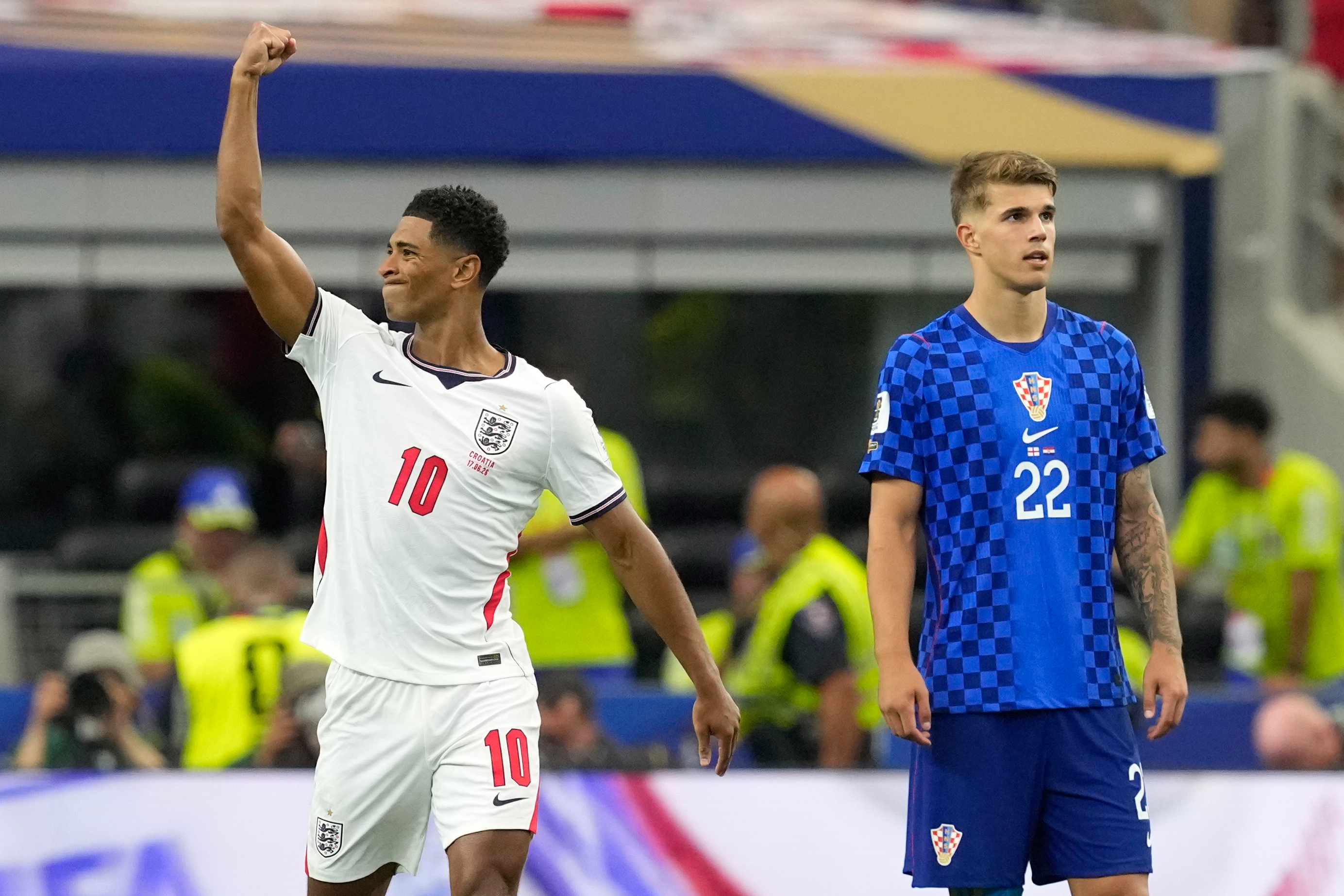 England's Jude Bellingham (10) celebrates his team's third goal during the World Cup Group L match between England and Croatia in Arlington, Texas, near Dallas