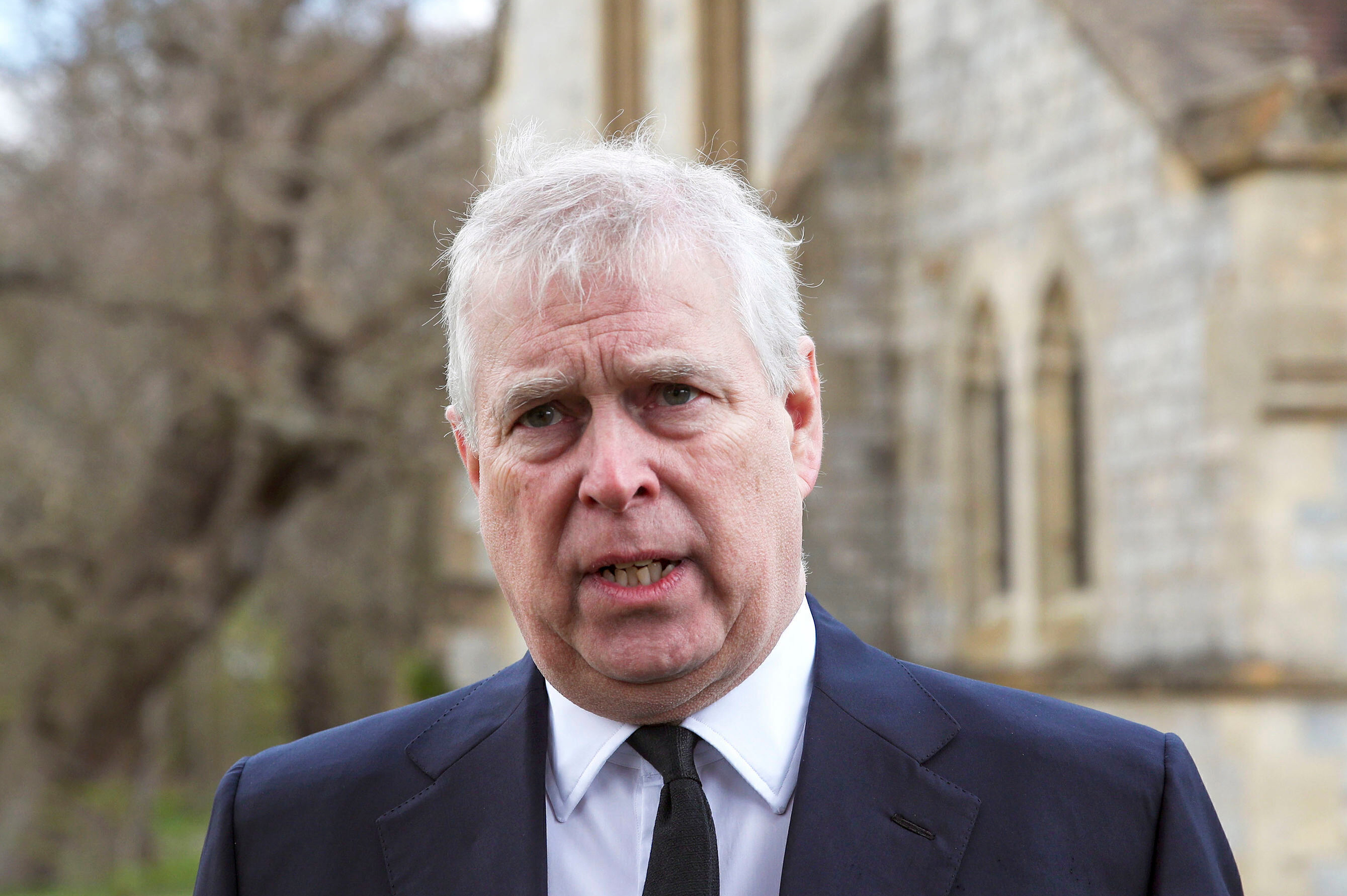 Andrew Mountbatten-Windsor speaks during a television interview at the Royal Chapel of All Saints at Royal Lodge in Windsor, April 11, 2021