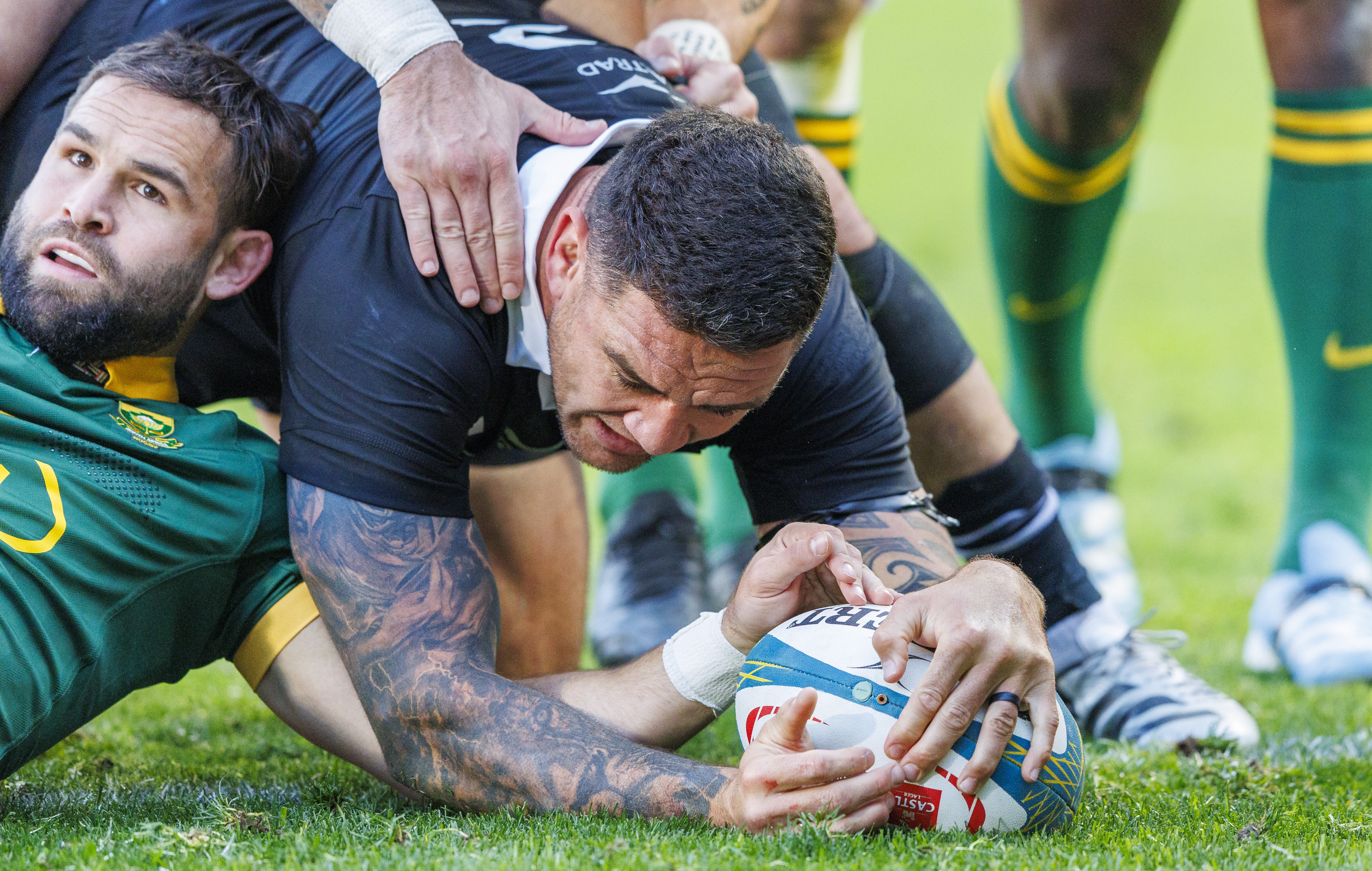 Codie Taylor scores the All Blacks' first try at Ellis Park.