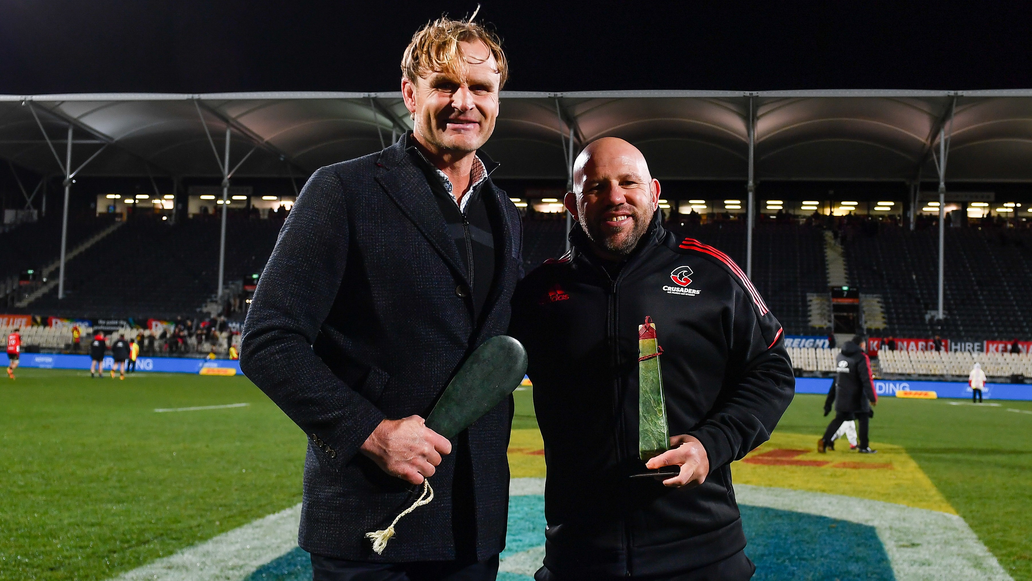 Scott Robertson, left, and Jason Ryan after celebrating 100 games in charge of the Crusaders following this year's semifinal victory over the Chiefs.