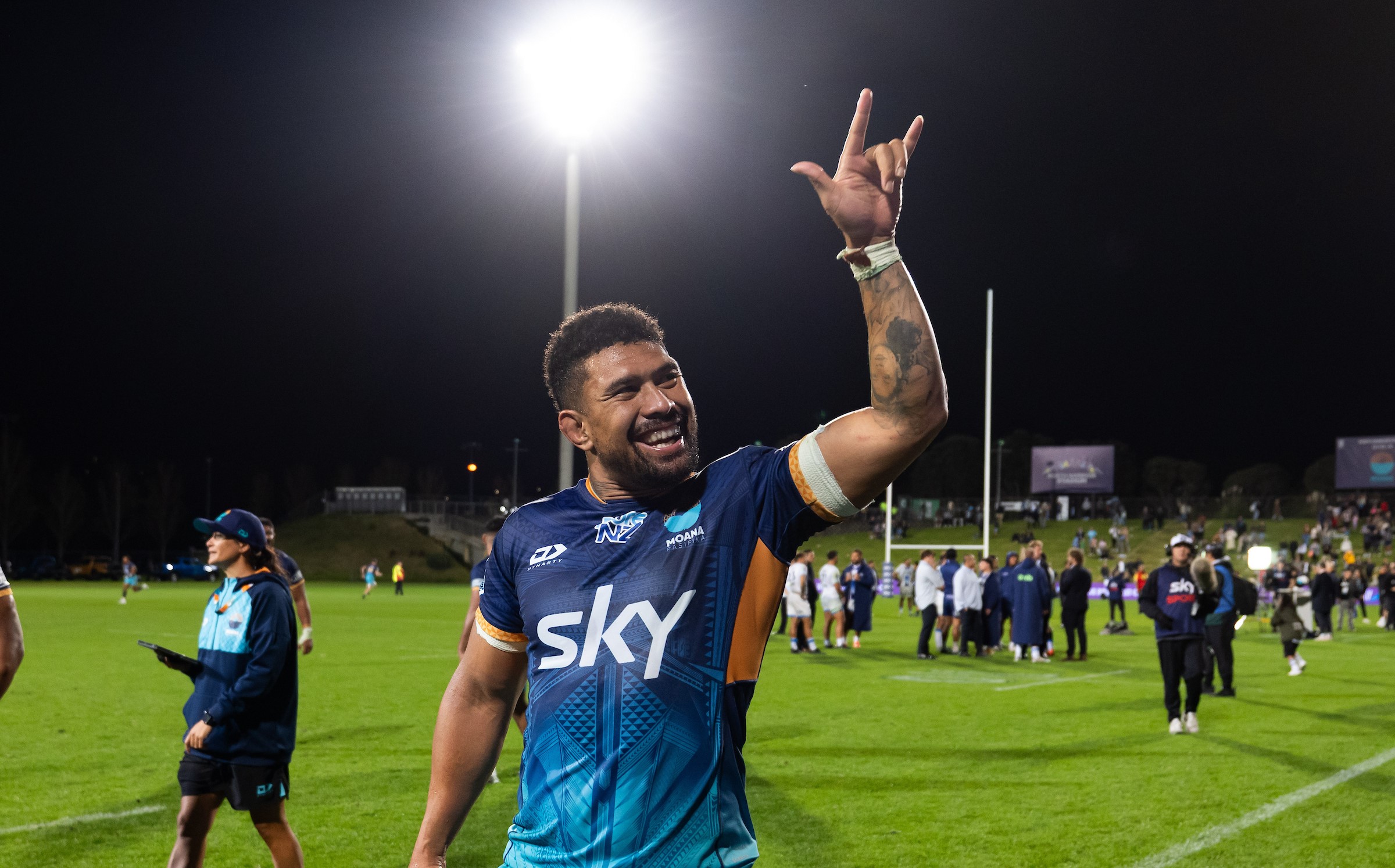 Ardie Savea celebrates Moana Pasifika's victory over the Blues at North Harbour Stadium last year. 