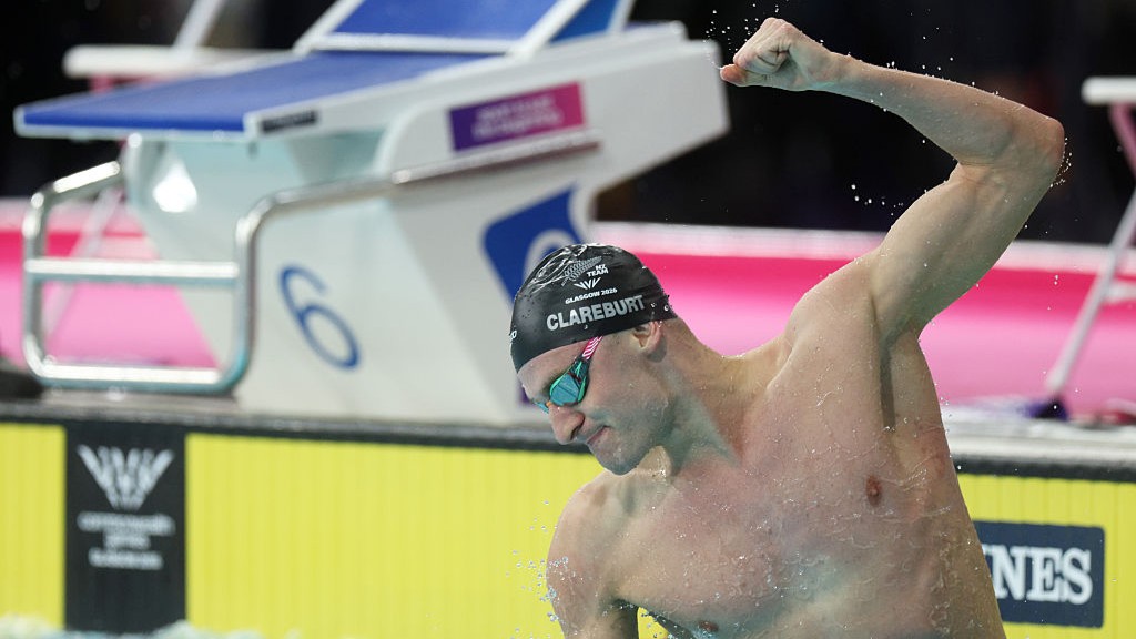 Lewis Clareburt of Team New Zealand celebrates after winning the gold medal during the Men's 200m Butterfly Final on day four of the Glasgow 2026 Commonwealth Games.