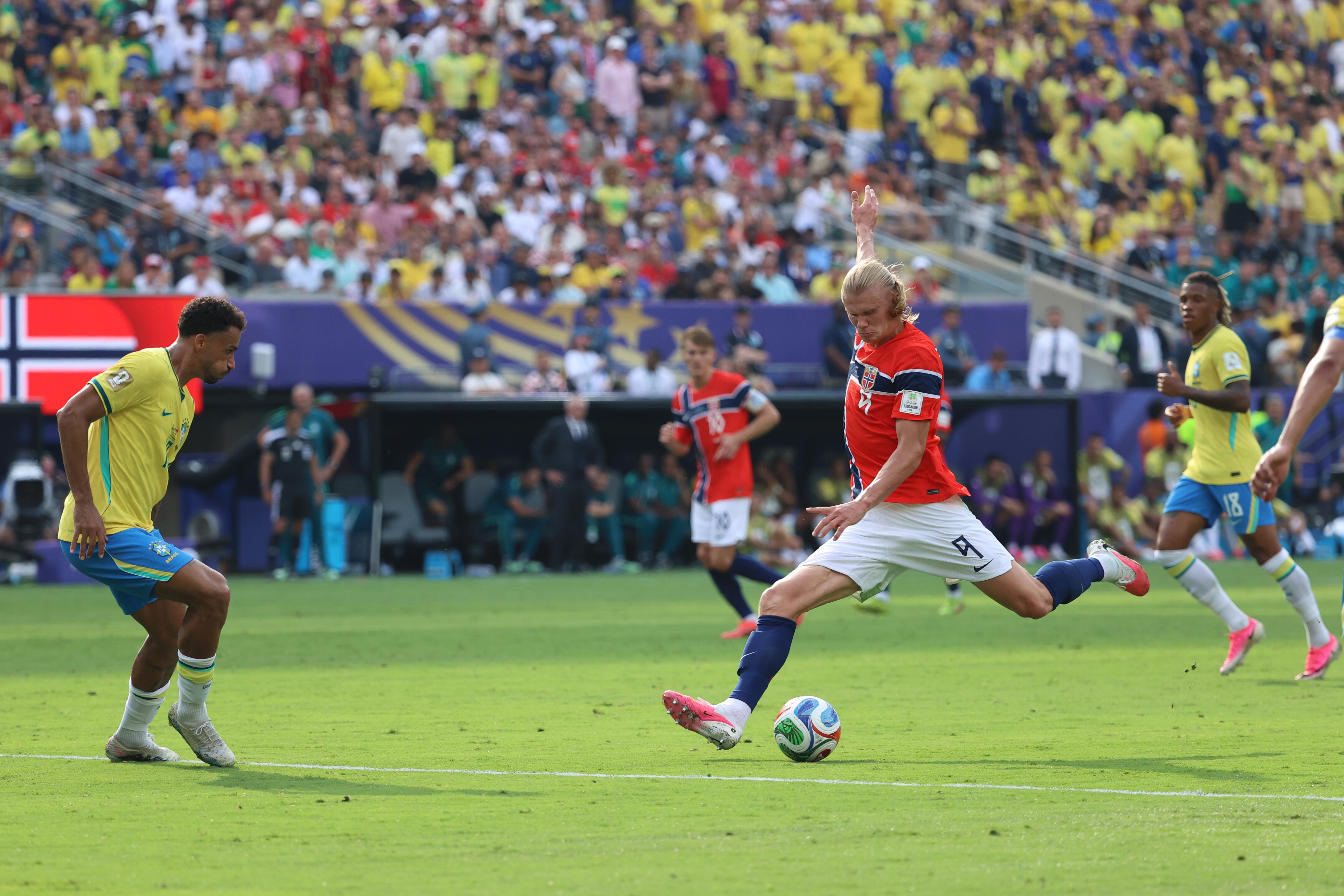 Norway's Erling Haaland (9) shoots and scores their second goal during the World Cup round of 16