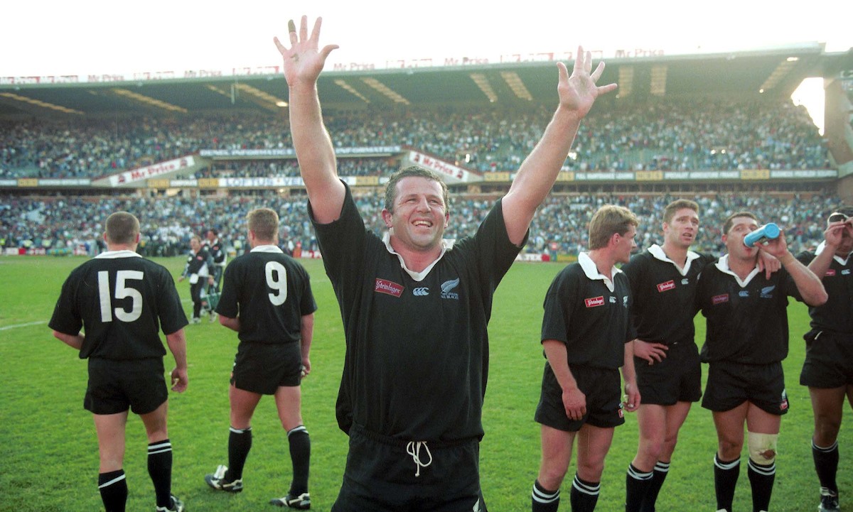 All Blacks captain Sean Fitzpatrick celebrates the victory in Pretoria that clinched the series win over the Boks in 1996.