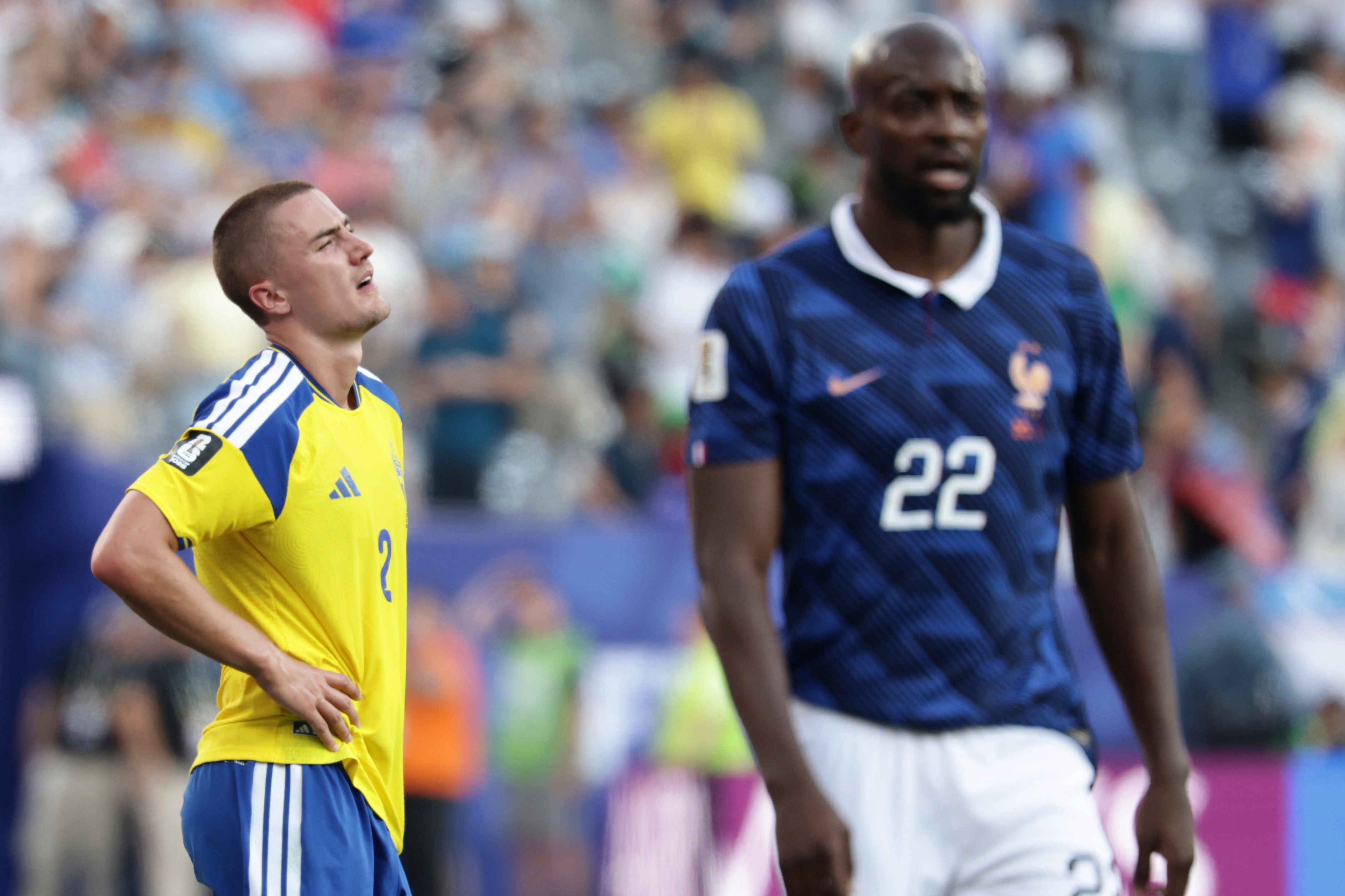 Sweden's Gustaf Lagerbielke (2) reacts after their loss in the World Cup round of 32 match between France and Sweden. 