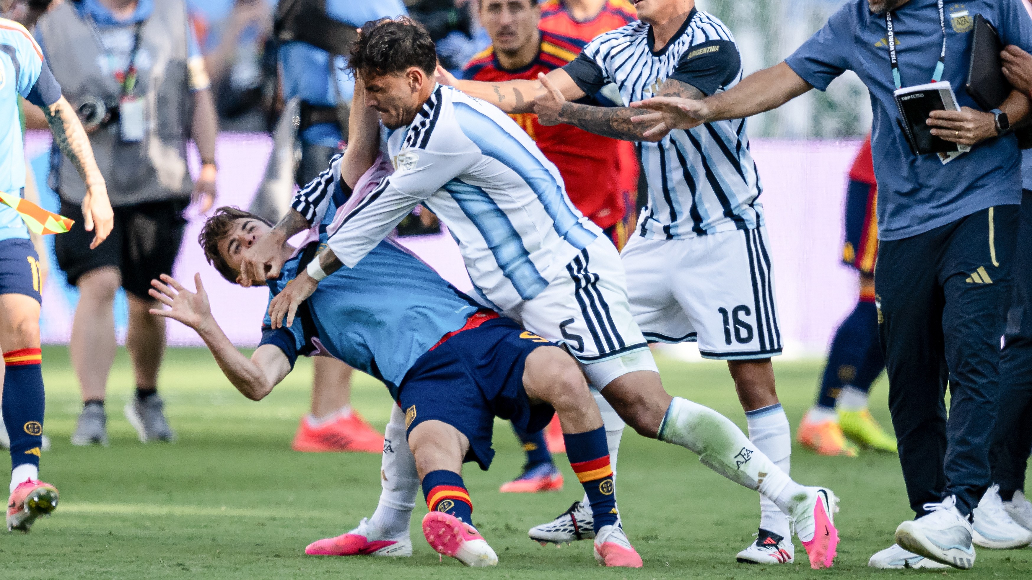Leandro Paredes of Argentina pushes Gavi of Spain to the ground resulting in a brawl and a red card for Paredes after the FIFA World Cup 2026 Final match between Spain and Argentina at New York New Jersey Stadium on July 19, 2026 in East Rutherford, New Jersey.